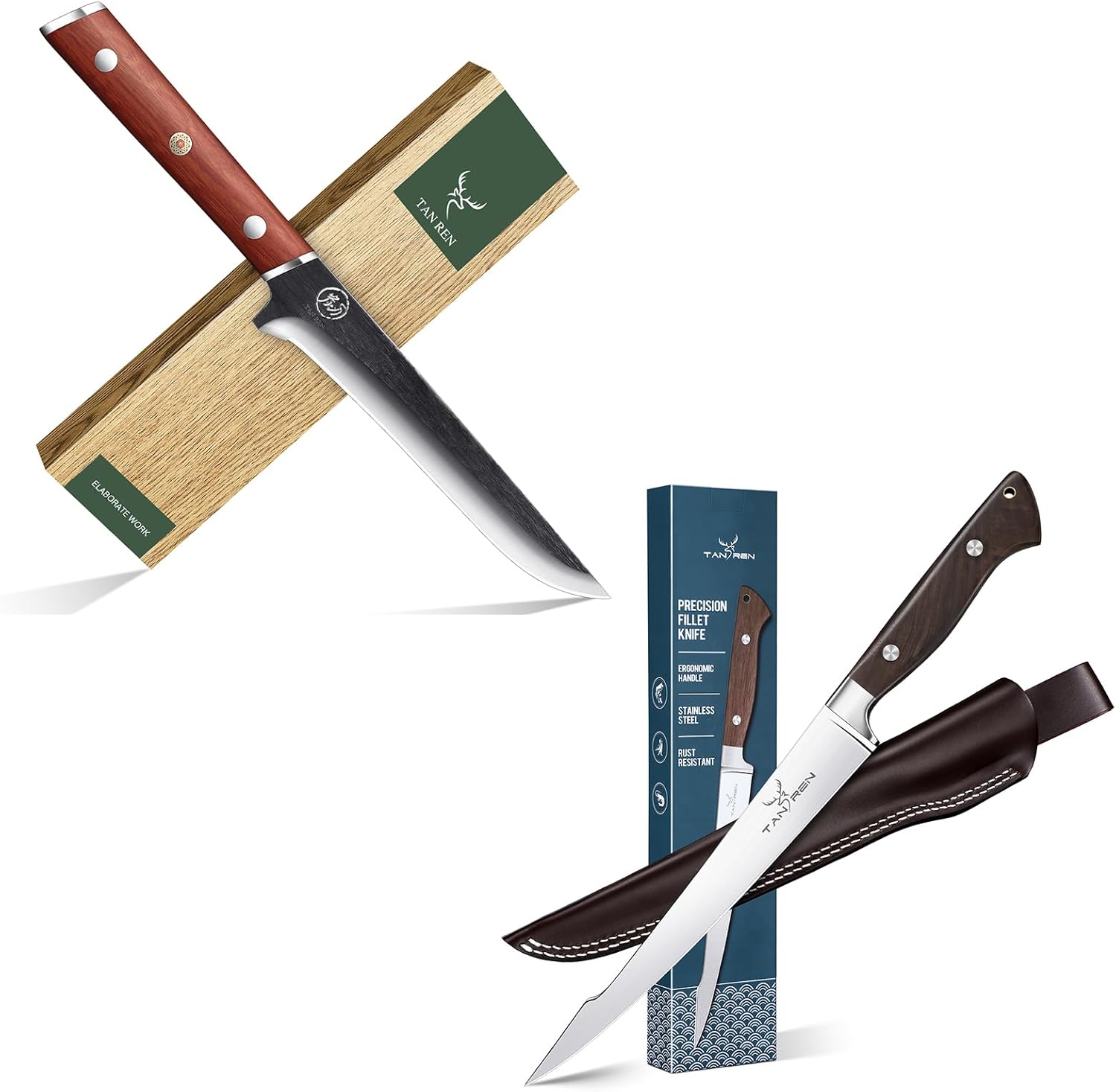 TAN REN 6 Inch Boning Knife for Meat Cutting and 9 Inch Stainless Steel Fillet Knife for Fishing Meat with Sheath