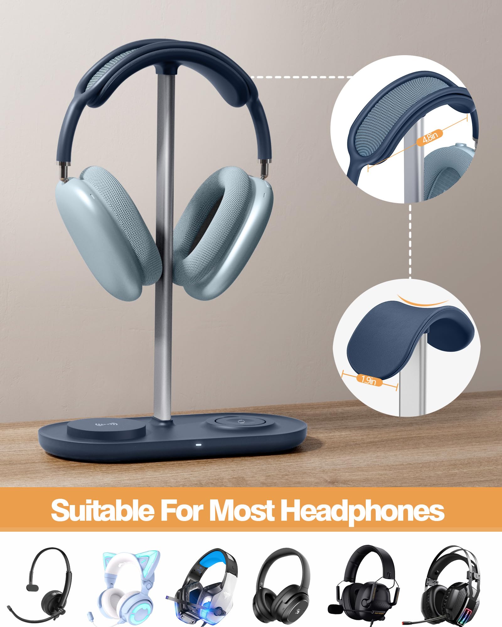HiWe Soporte para auriculares 3 en 1, soporte universal para auriculares de escritorio con cargador inalámbrico para teléfonos/AirPods/iWatch, varilla de aleación de aluminio, almohadilla de cuero