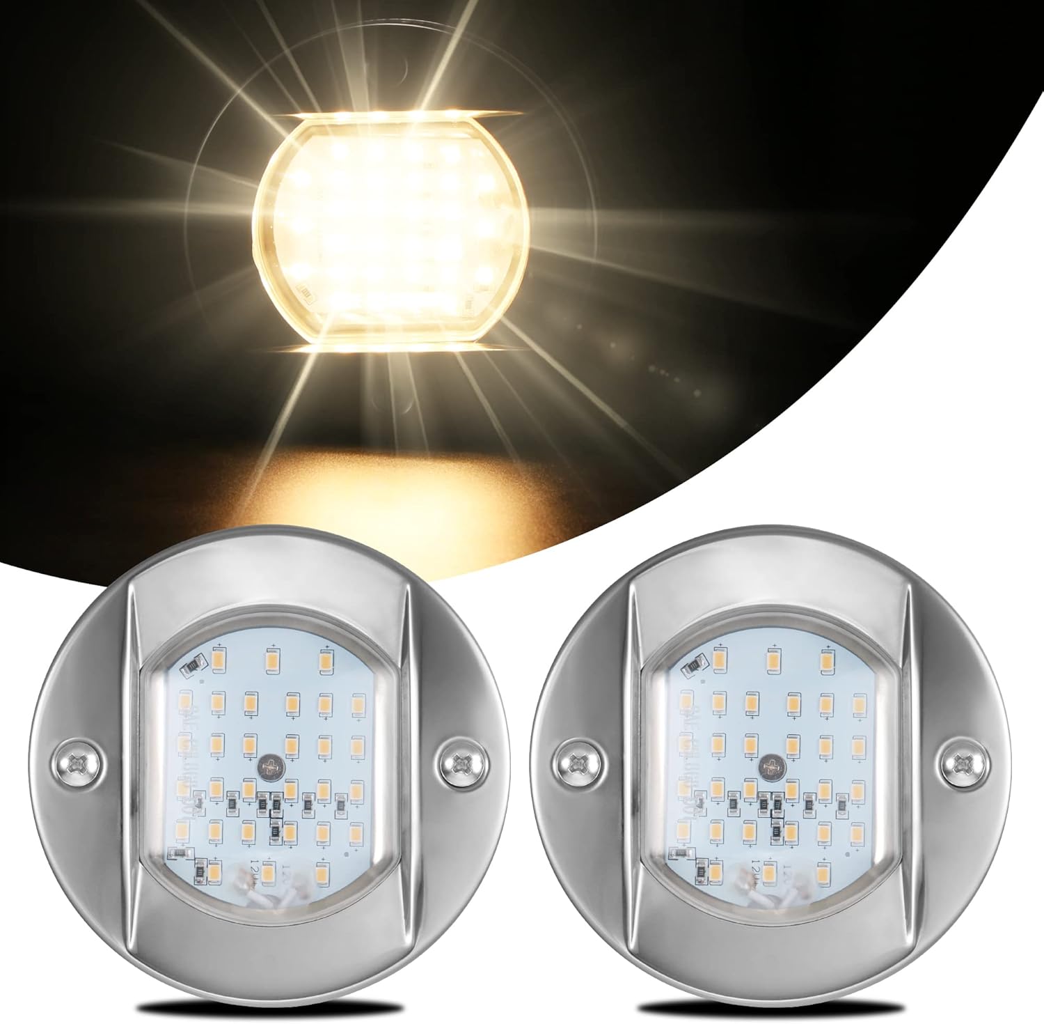 HUSUKU LED Marine Courtesy Lights 4in, SOOP3 P0-2 1800LM 30LED SUS316 Round IP65 Waterproof Boat Transom Interior Lights, Surface Mount for Yacht/Cockpit/Console/Deck/Ceiling/Spotlight (2x Cool White)