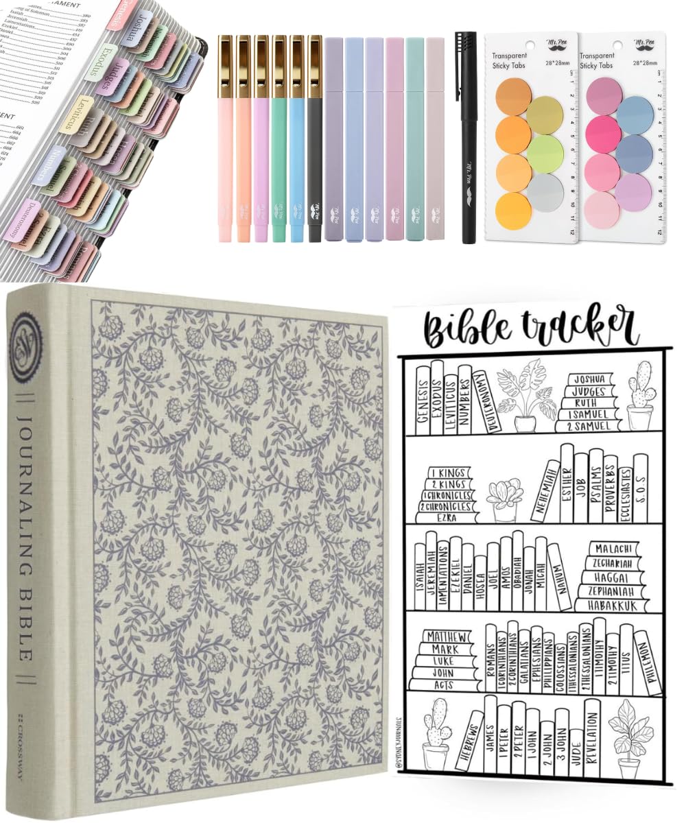 Mr. Pen – ESV Journaling Bible, Bible Journaling Study Gift Set for Women, Note Taking Bible, 5-in-1 Bundle, Highlighters & Bible Pens, Bible Tabs,