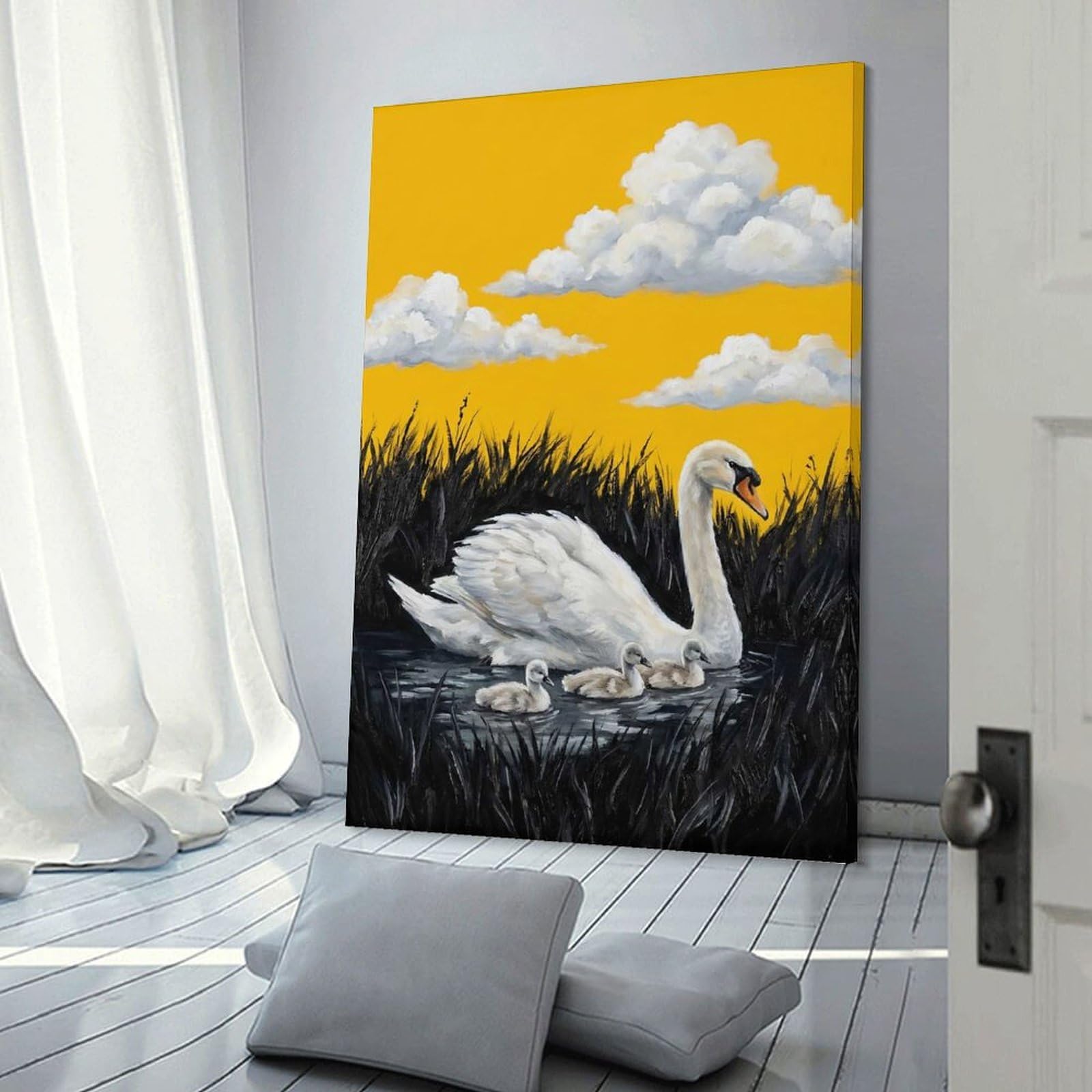 Swan Family Painting Wall Art Print, 12x18inch(30x45cm), for Entryway, Lounge Links Or Small Walls, Decorative Wall Art for Narrow Spaces