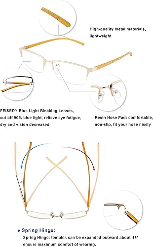 Miniatura 4 de FEISEDY Gafas de computadora con bloqueo de luz azul semimontura rectángulo sin montura refinadas para mujeres y hombres B2626