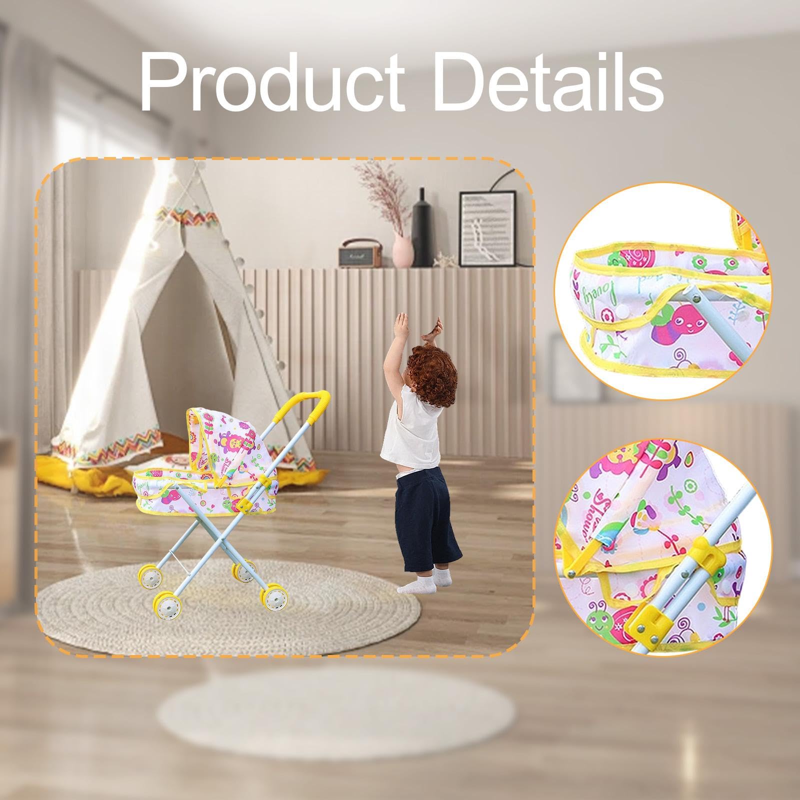 Puppenwagen Faltbarer Kinderwagen Puppenbuggy Rollenspiel Spielzeug Aus Eisen Und Pp mit Stabiler Unterstützung für Geschenk Lernspiel Dekoration Kind, Gelb