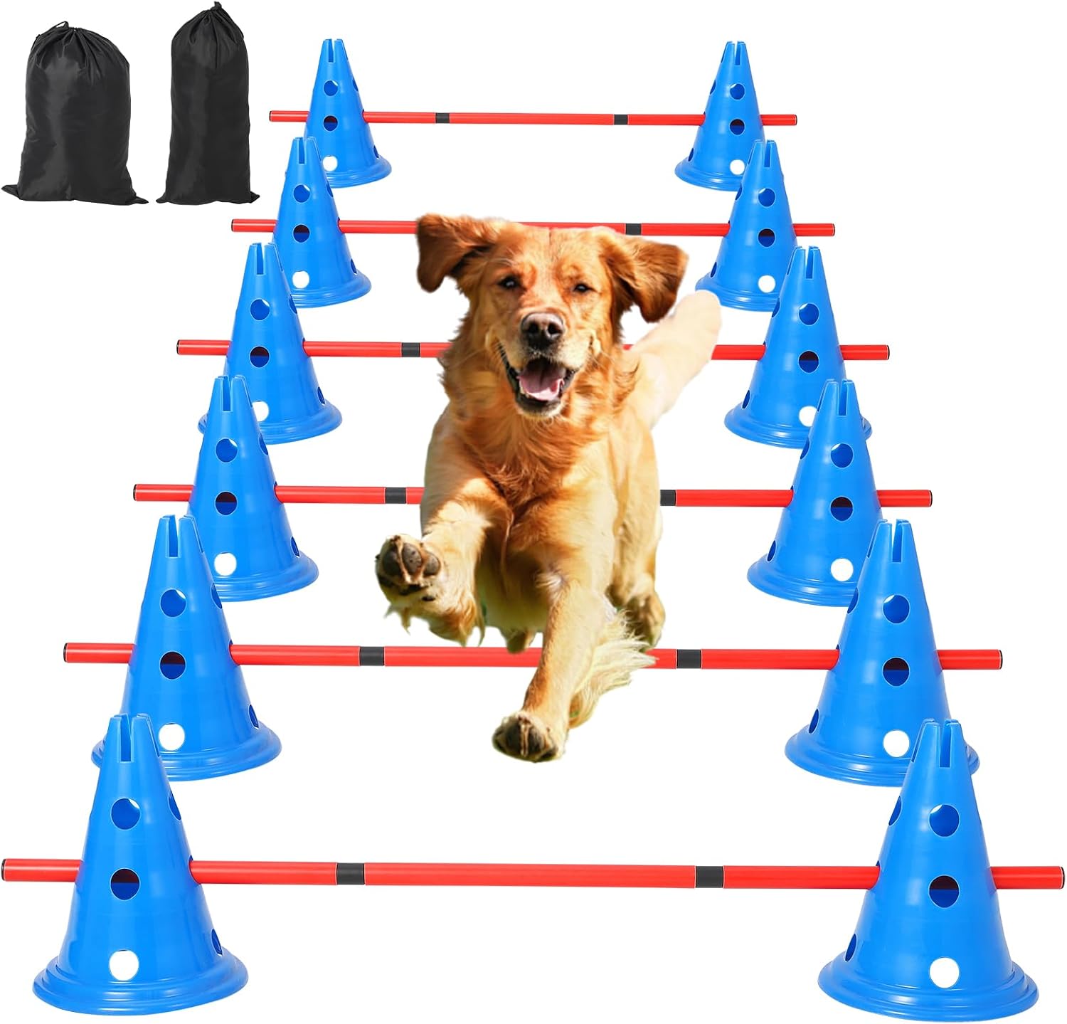 PlayfulPals Dog Agile Hurdle Cone Set- 12 Cones & 6 Adjustable Hurdles (4 Heights) with Storage Bag - Puppy Obstacle Course Equipment for Dogs,Dog Agile Training Equipment
