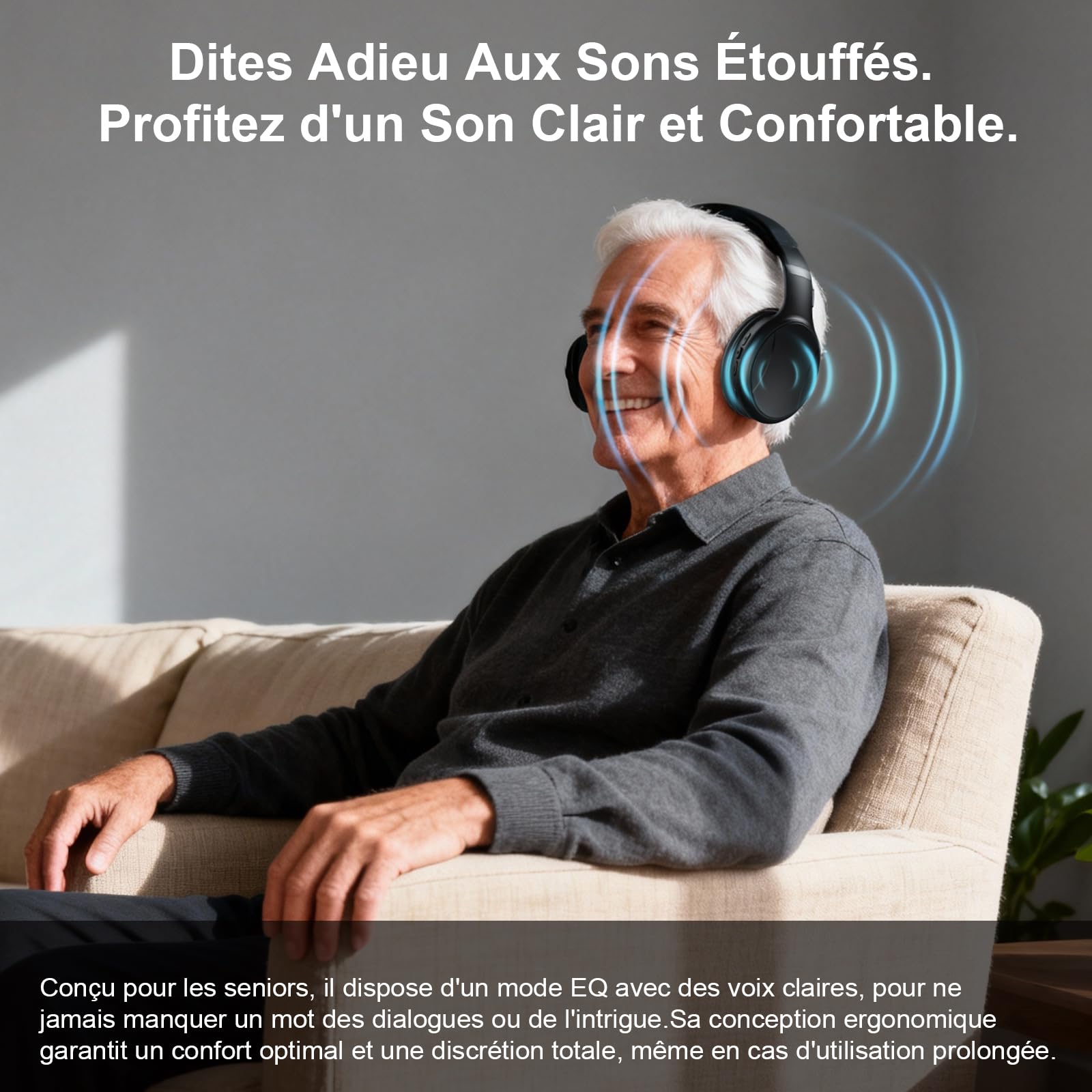 Casque Sans Fil pour Télévision, Casque Bluetooth et 2,4 GHz Double Mode avec Boîtier Émetteur, 5 Préréglages d'égaliseur avec Dialogue Clair, Écouteurs Audio pour Télévision ou Voyager, Noir