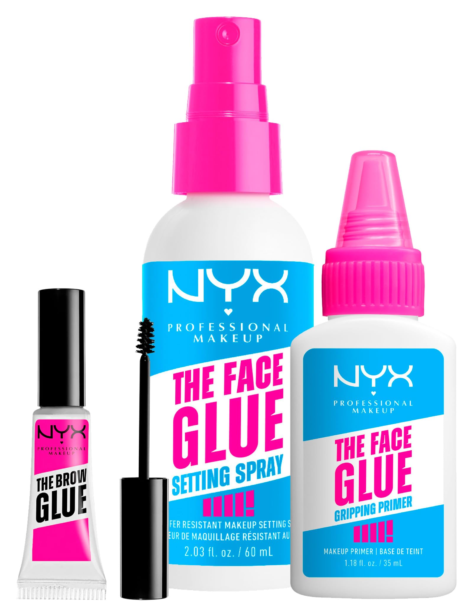 NYX Professional Makeup The Face Glue Setting Spray Fissante Trucco No Transfer Waterproof da 60ml + Gripping Primer Base Trucco Idratante da 35ml + The Brow Glue Gel Sopracciglia da 5ml - Set da 3