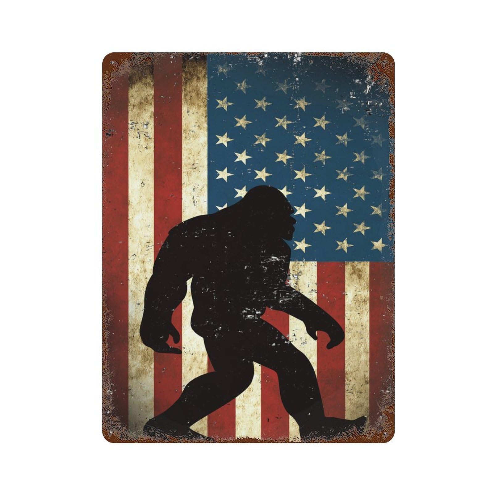 KWQDOZF Bigfoot UFO America Flag Theme Metal Tin Sign,Vintage Iron Hanging Plate Vertical with Rust Poster Wall Decor 12x16inch