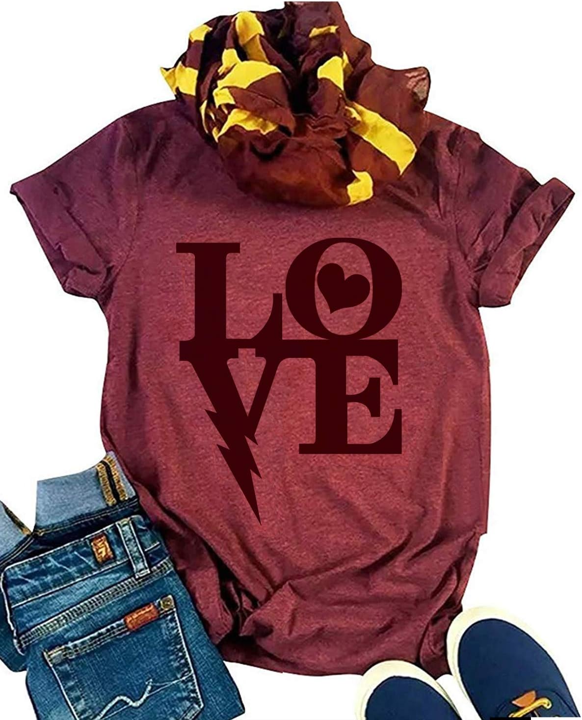 LANMERTREEWomen's Love Letter Graphic T Shirt Basic Summer Casual Short Sleeve Tee Shirt Vintage Printed Blouse Cute T-Shirt Tops Red
