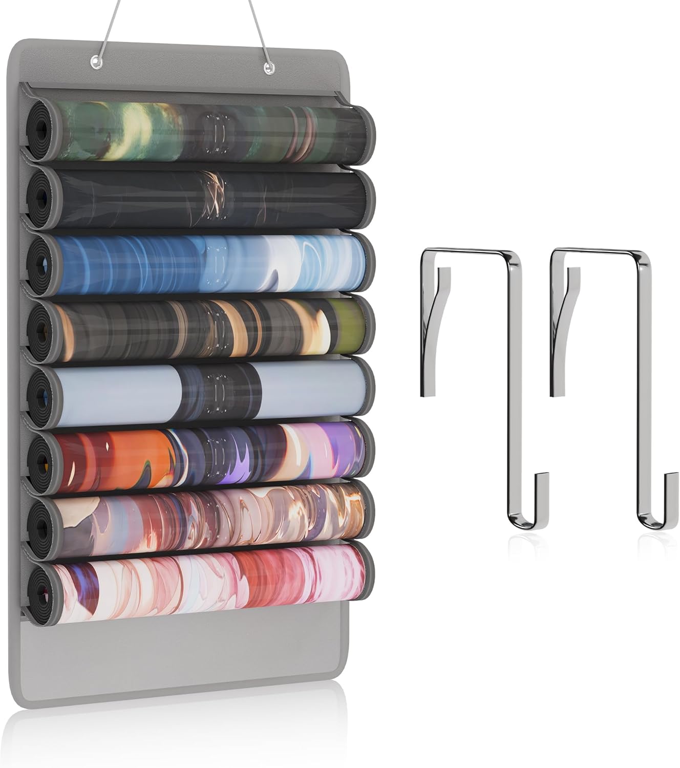 mayoken® Gray Playmat Storage Bag for MTG/TCG, Hanging Playmat Holder with 8 Clear PVC Slots + Bonus Pocket, Tear-Resistant Tube Organizer for Standard Game Mats, Mousepads, Accessories With 2 Hooks