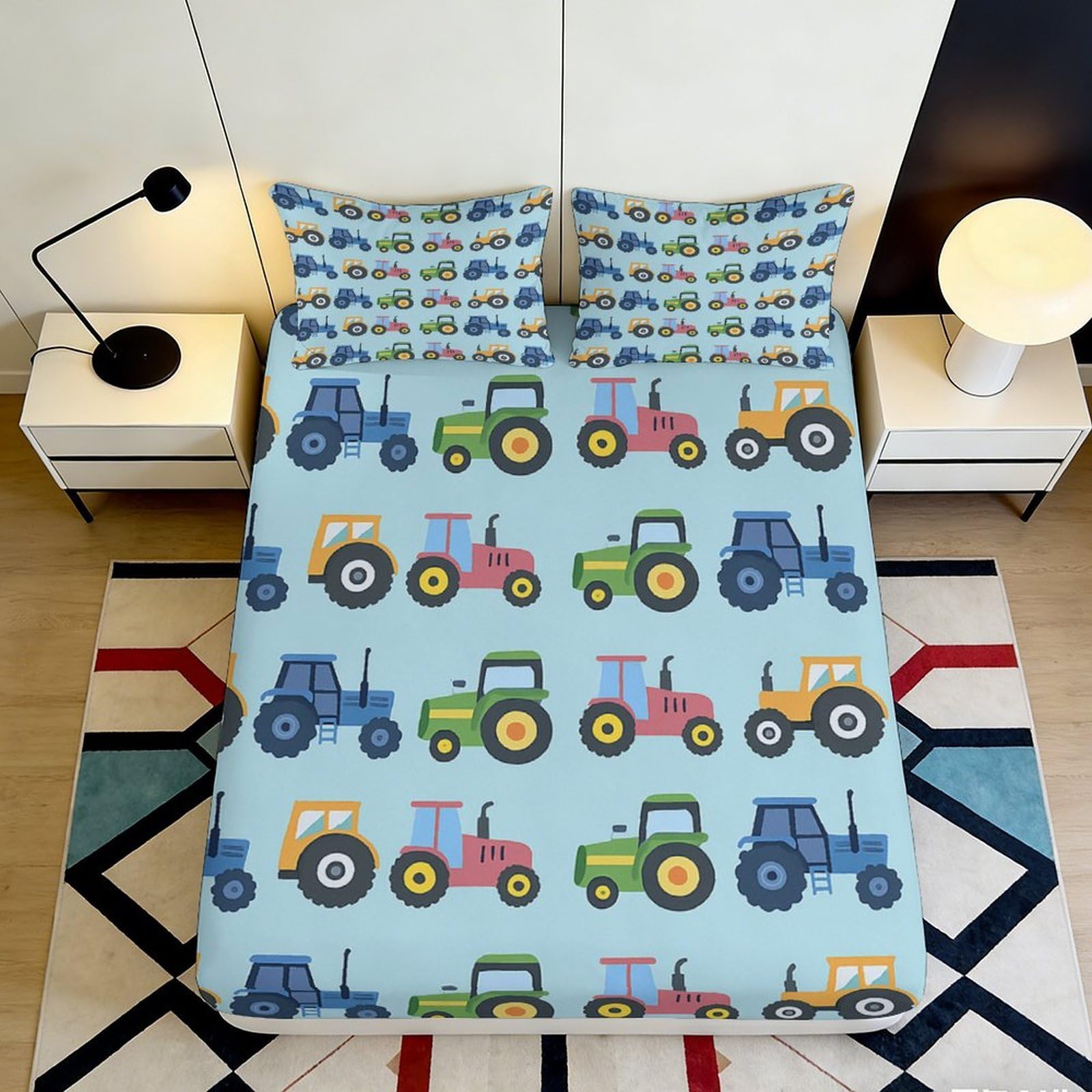 3D Printed Colorful Tractor Fitted Sheet Microfiber Soft Washable Farm Vehicle Bed Cover for Bedroom Guest Room 90x200x25cm