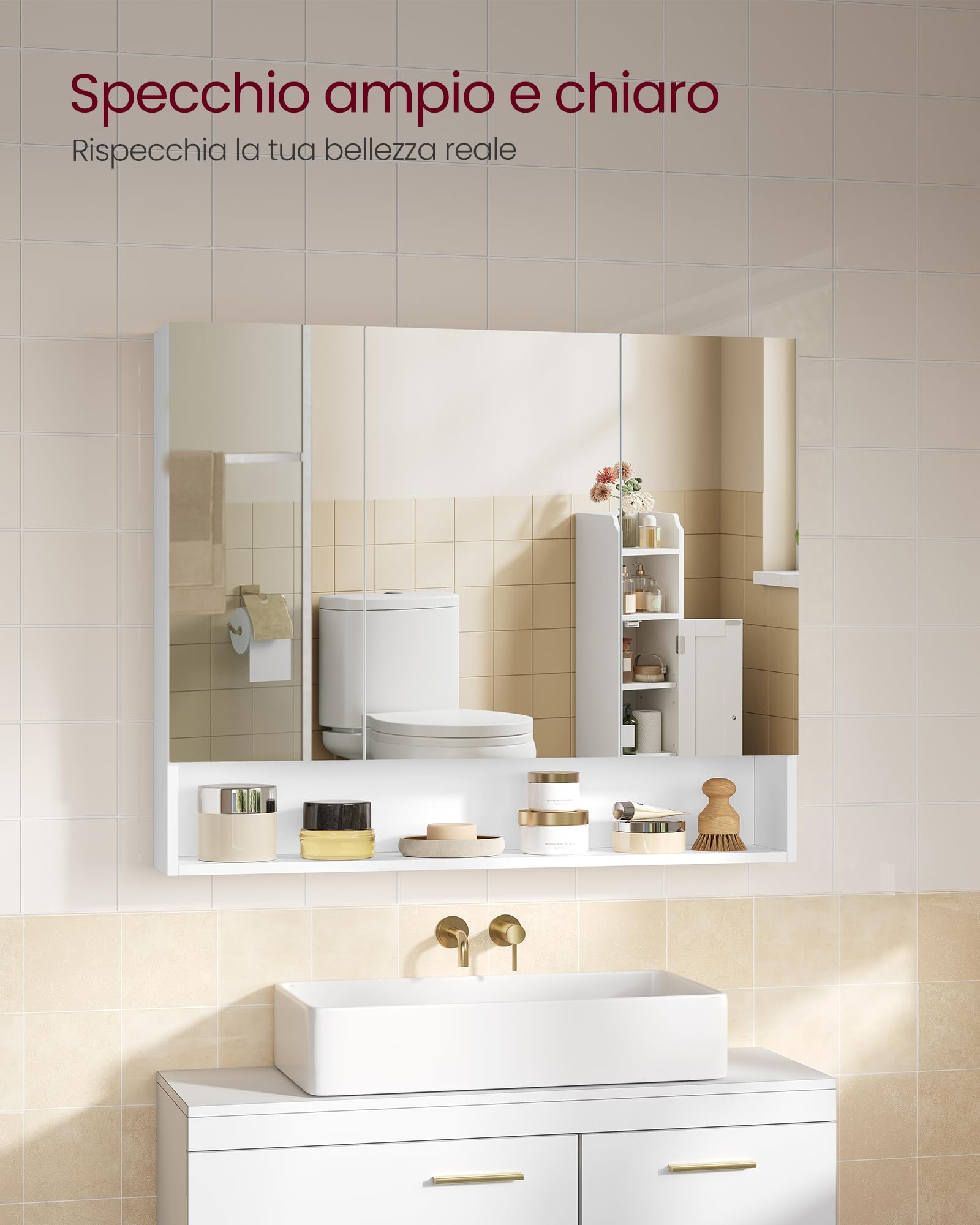 VASAGLE KAILYN Collezione - Armadietto Bagno da Parete con Ante a Specchio, Mobiletto Pensile Bagno, Ripiani Regolabili, Stile Moderno, 16,5 x 90 x 75 cm, Bianco Nuvola BBK130W01