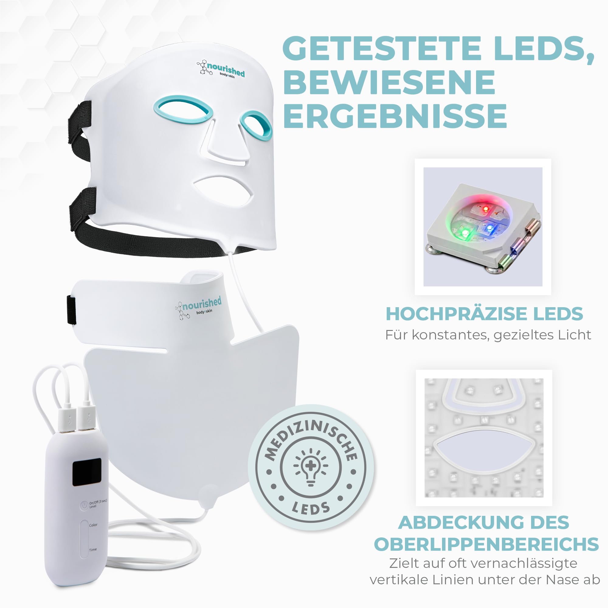Nourished Bodynskin LED Lichttherapie Gesichts- & Halsmaske - Gesichtspflegegerät - 7 Farben Rot & Blau - Verjüngung, Anti-Aging-Produkt gegen Falten
