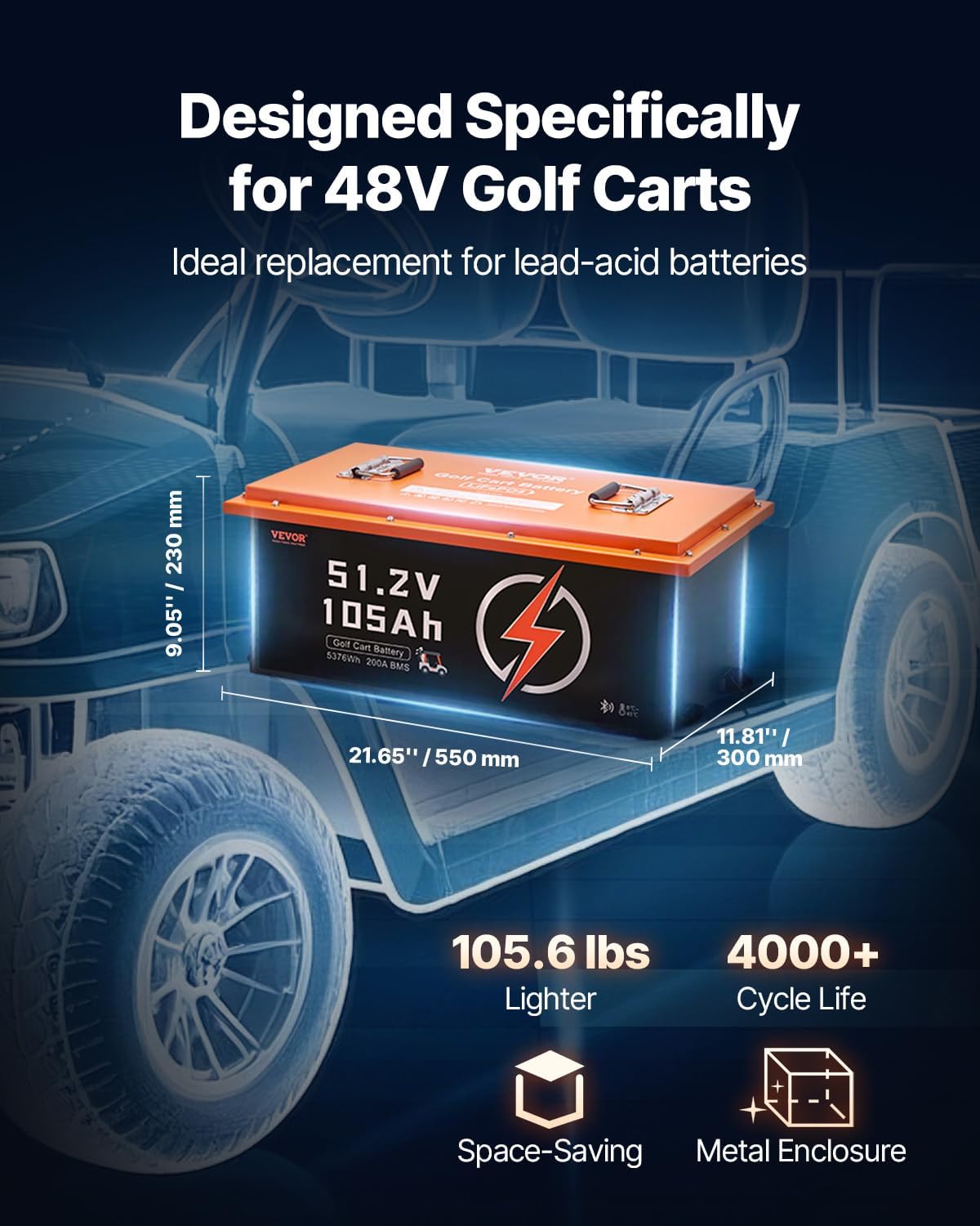 Diagram showing the dimensions and weight of the VEVOR 48V 105Ah Golf Cart Lithium Battery