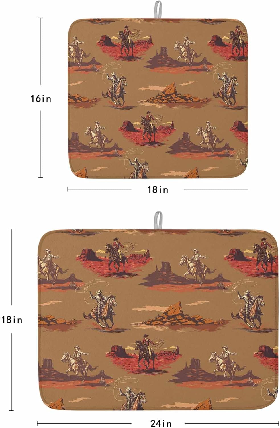 Brown Western Cowboys Dish Drying Mat for Kitchen Counter, Microfiber Dishes Drainer Mat Rack Pad, Vintage Farmhouse Desert Horse Absorbent Dish Bottle Drying Mats, 18"x24", 2 Pack