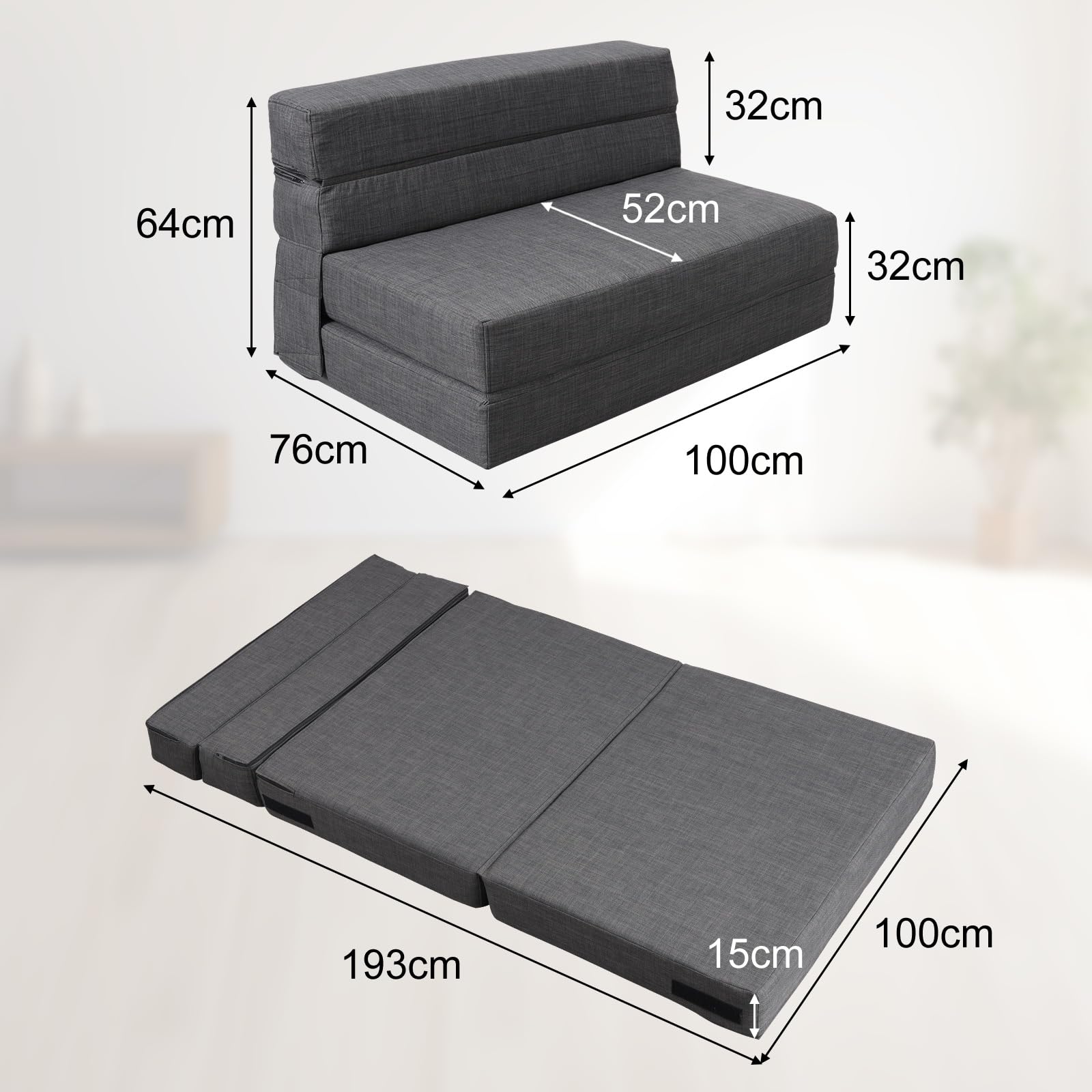 ANONER moderno Divano Pieghevole Futon con Cotone di Memoria e Cuscino, Poltrona Lavabile Set, Divano Letto per Ospiti, Grigio Scuro