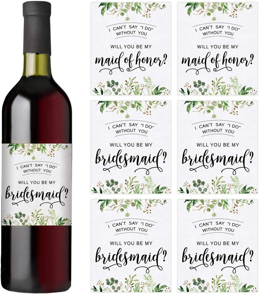 Printed Party Bridesmaid Proposal Wine Bottle Label Gift, Greenery, Set of 8
