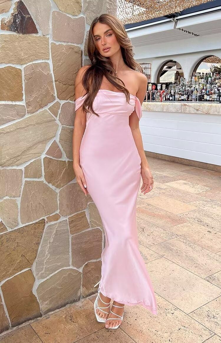 Women's Off Shoulder Pleated Bridesmaid Dresses Long Satin Formal Prom Dress VS265