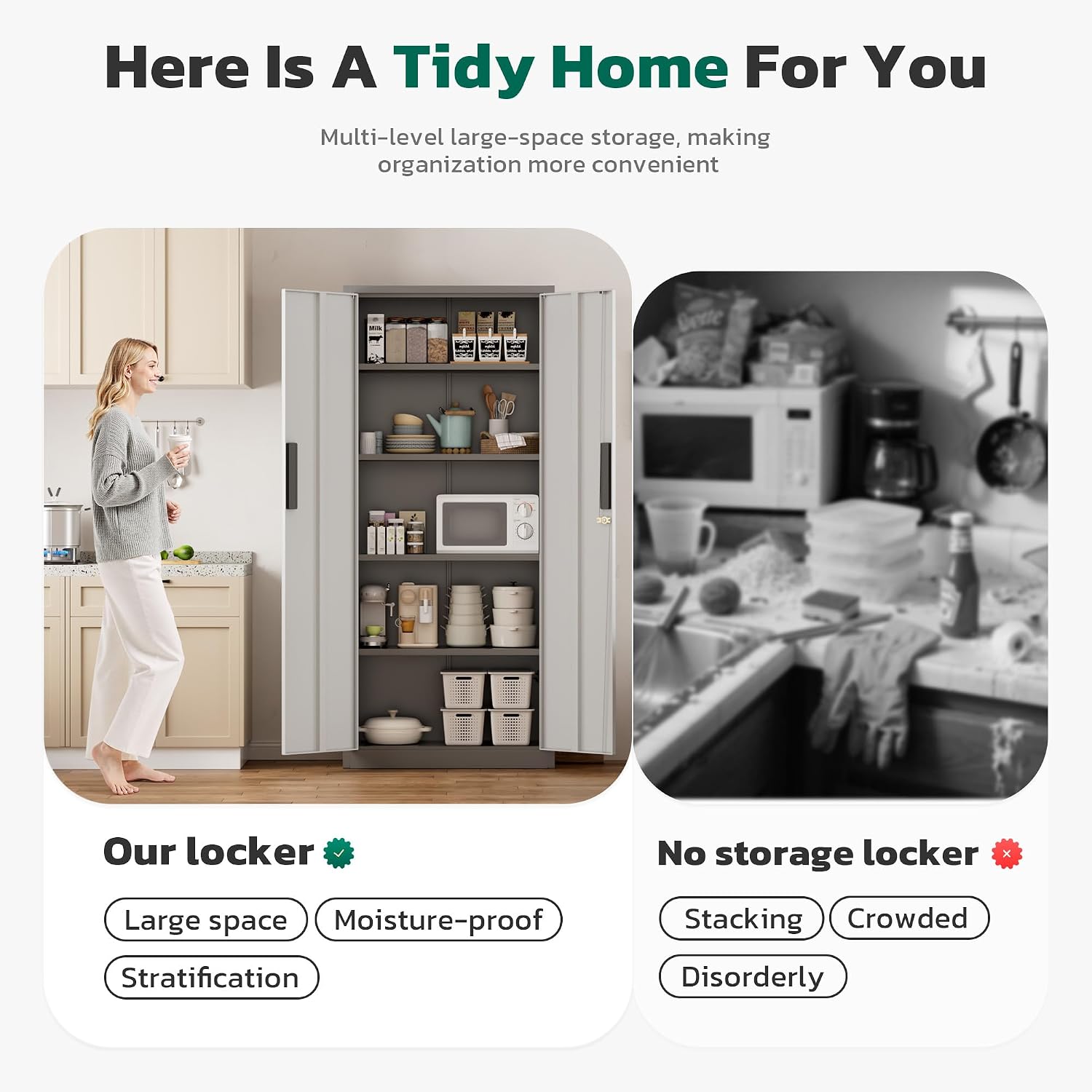 Greenvelly Metal Storage Cabinet, 63" H Locking Metal Storage Cabinet with Doors and 4 Shelves, Lockable Steel Cabinets for Kitchen, Bedroom, Living Room, Office (White Grey)