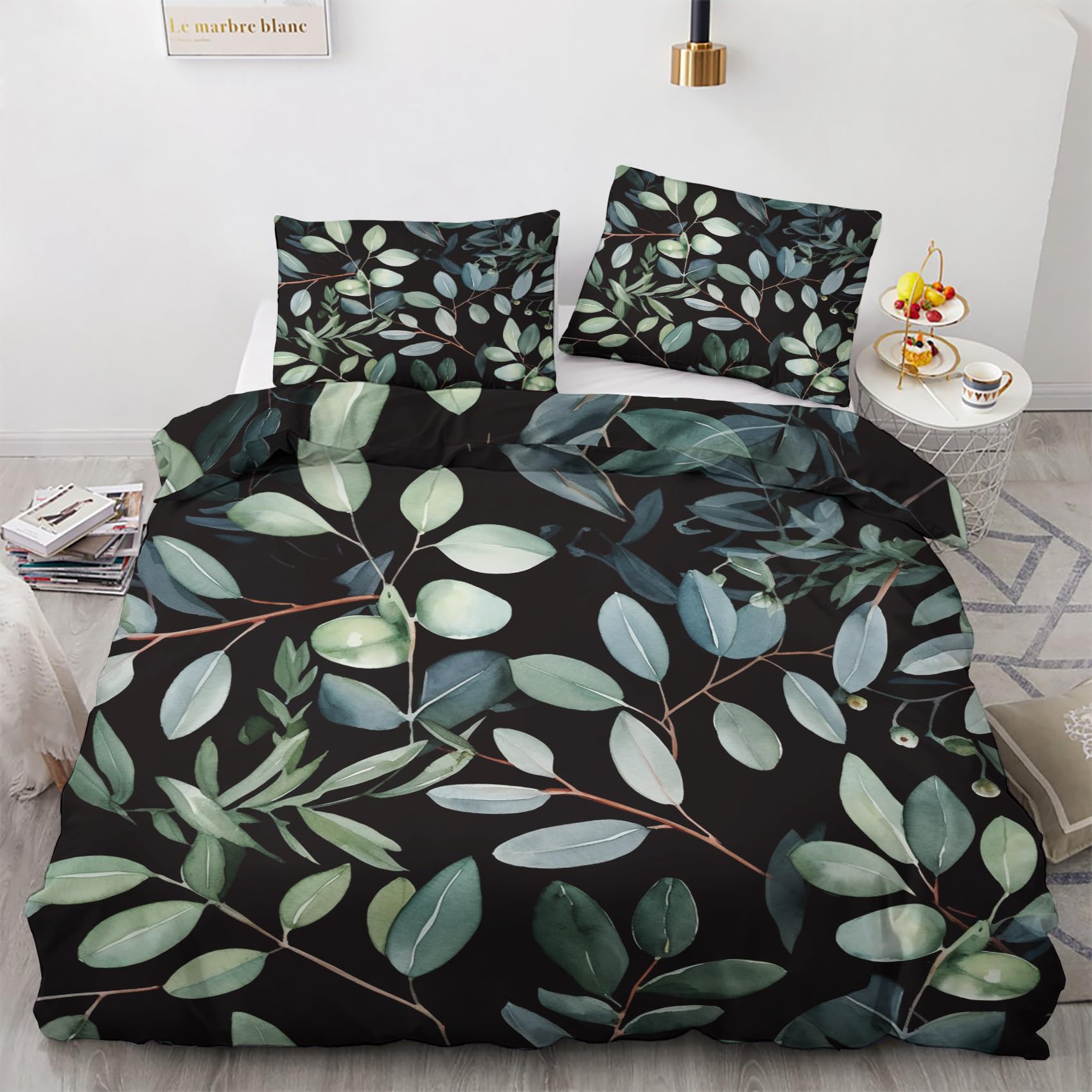 Housse de couette feuille verte 220x240 parure de lit imprimée botanique microfibre m-7914