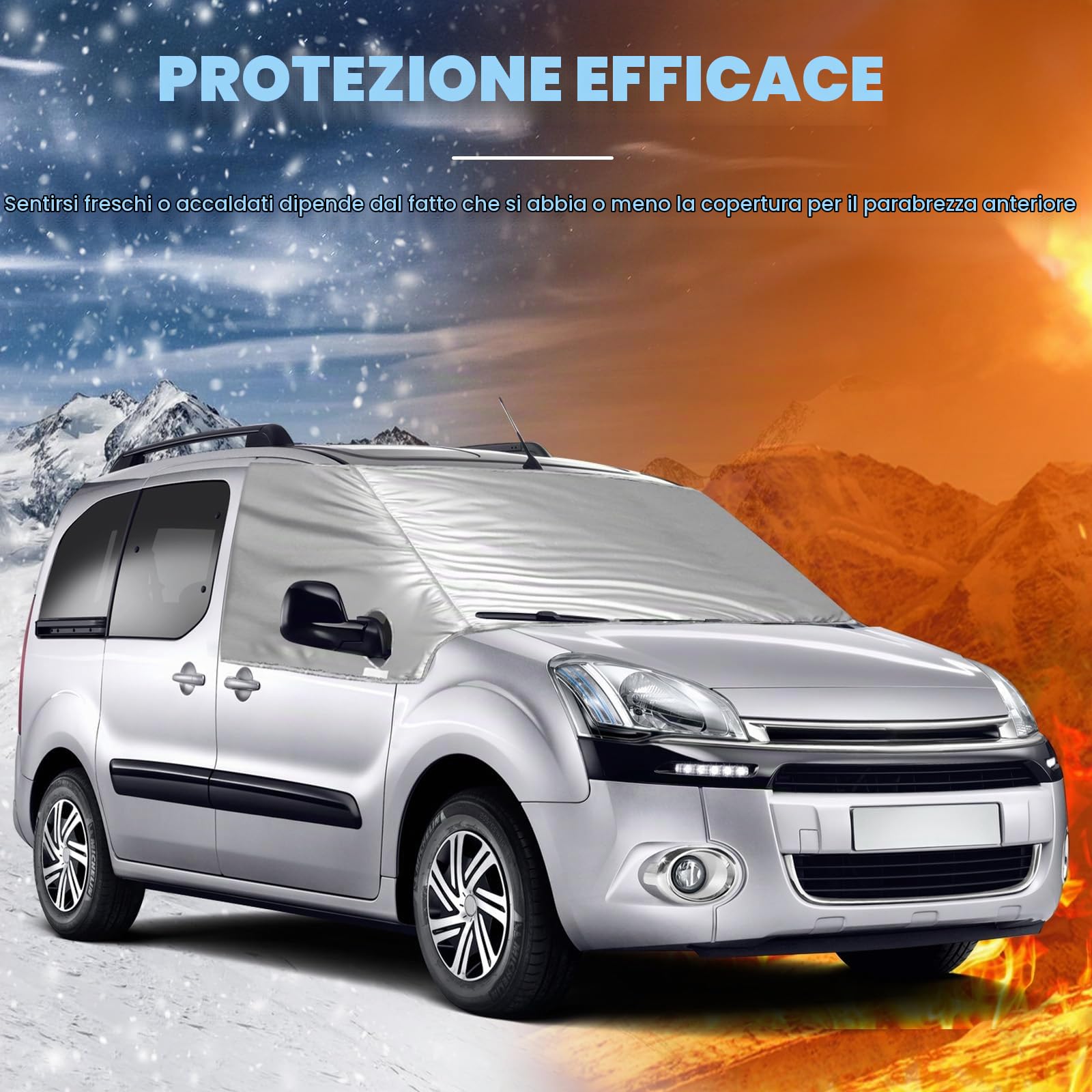 Copertura per Parabrezza Auto compatibile con Citroen Berlingo 2008-2018, Argentato Parasole per Finestrino Anteriore, 100% Oscurante, Blocca i Raggi UV, Resistente Alle Intemperie