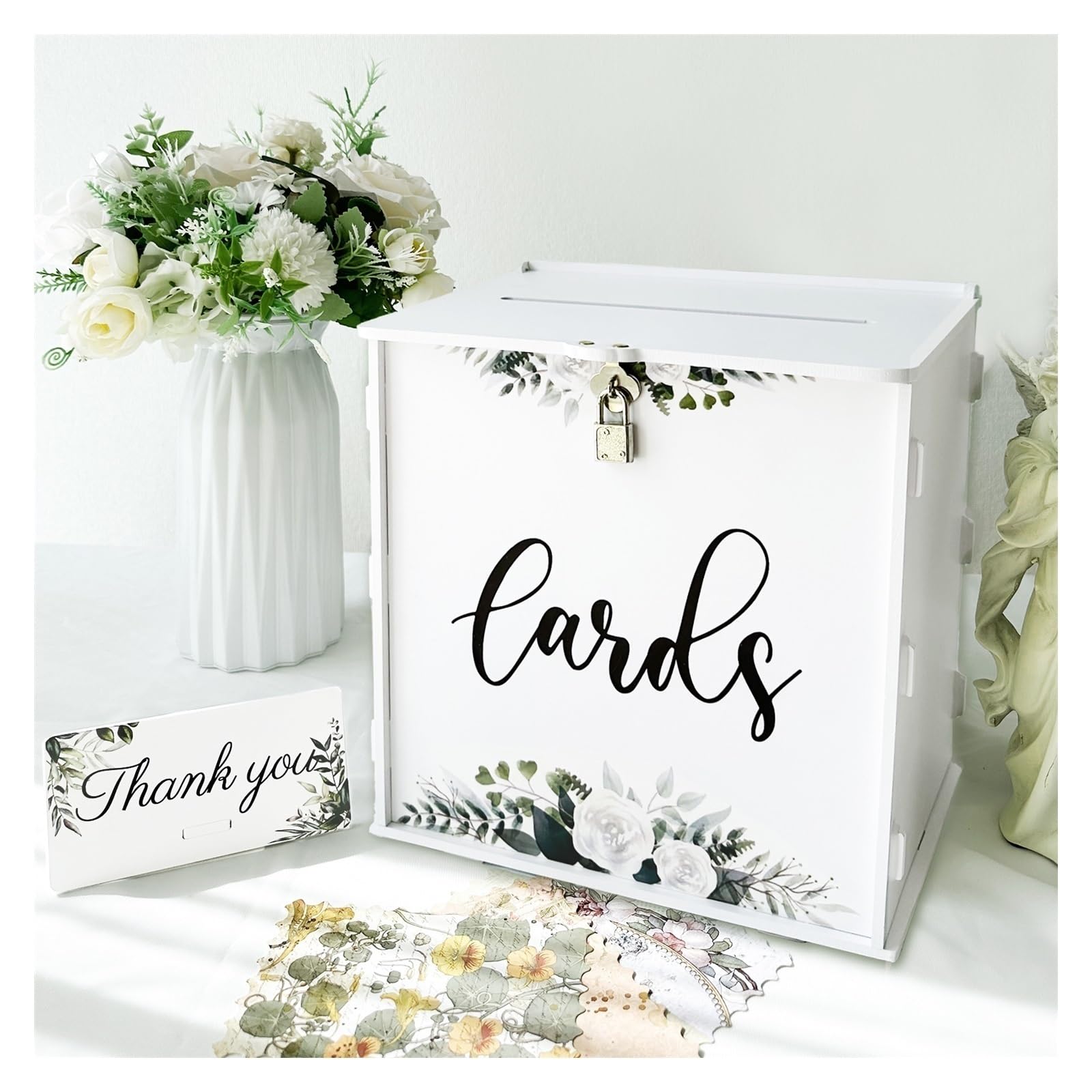 Hochzeitskarten-Box Aus Holz – Weiße Rustikale Box Für Karten & Geldgeschenke, Mit Dankeschön-Schild