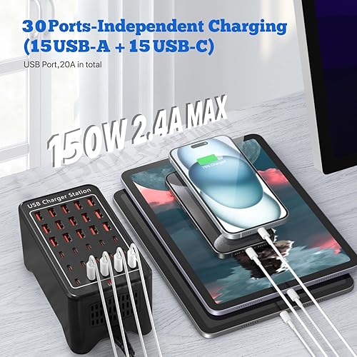 Miniatura 2 de Estación de carga USB C, cargador USB C de 150 W y 30 puertos, 15USB-C + 15USB-A, cargador de múltiples dispositivos compatible con