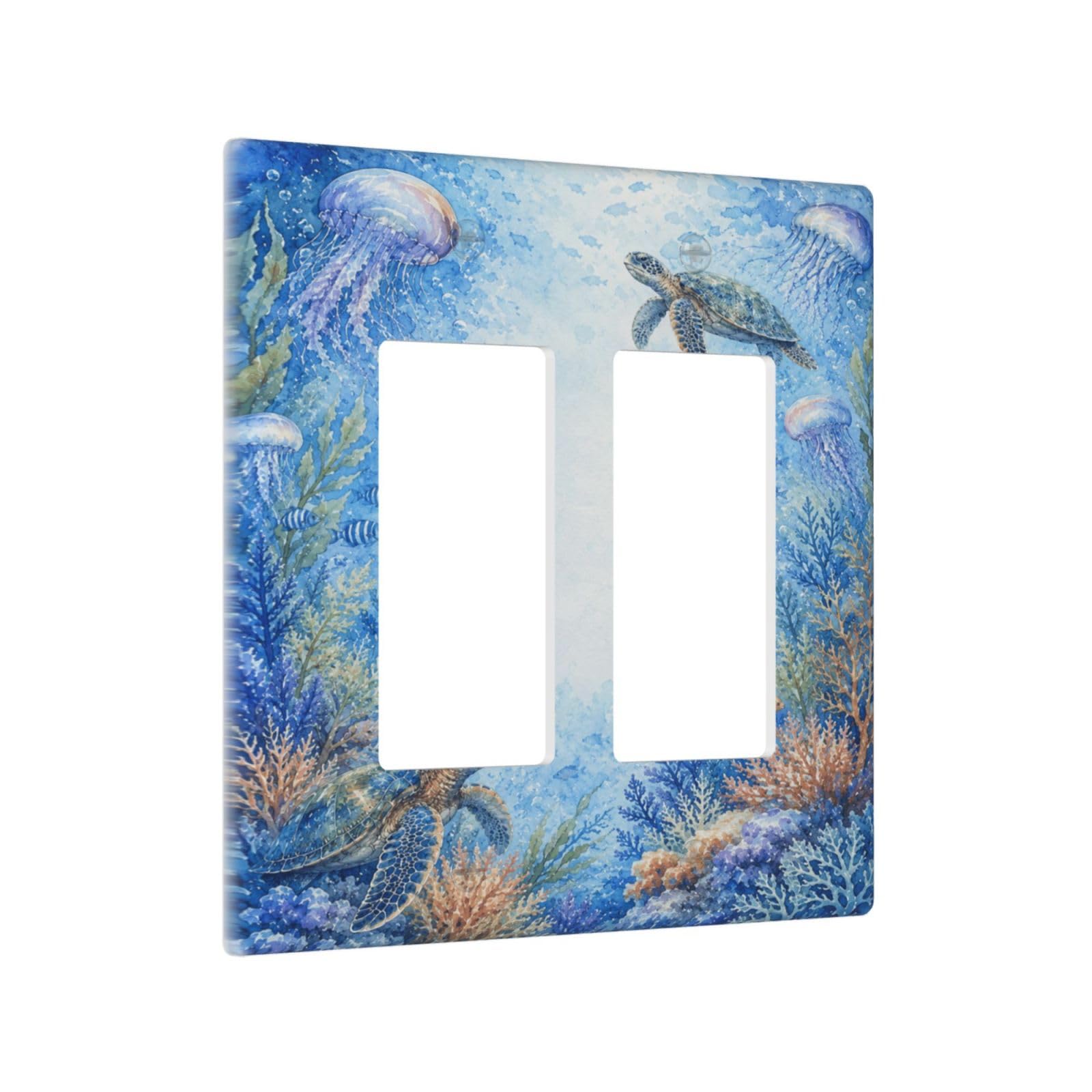 Yamxbfa Decorative Outlet Covers Blue Underwater Sea Turtle Pastel Jellyfish Coral Seaweed 2 Gang Light Switch Cover Plate Double Rocker Wall Plates Switch Plate Covers for Bathroom Decor