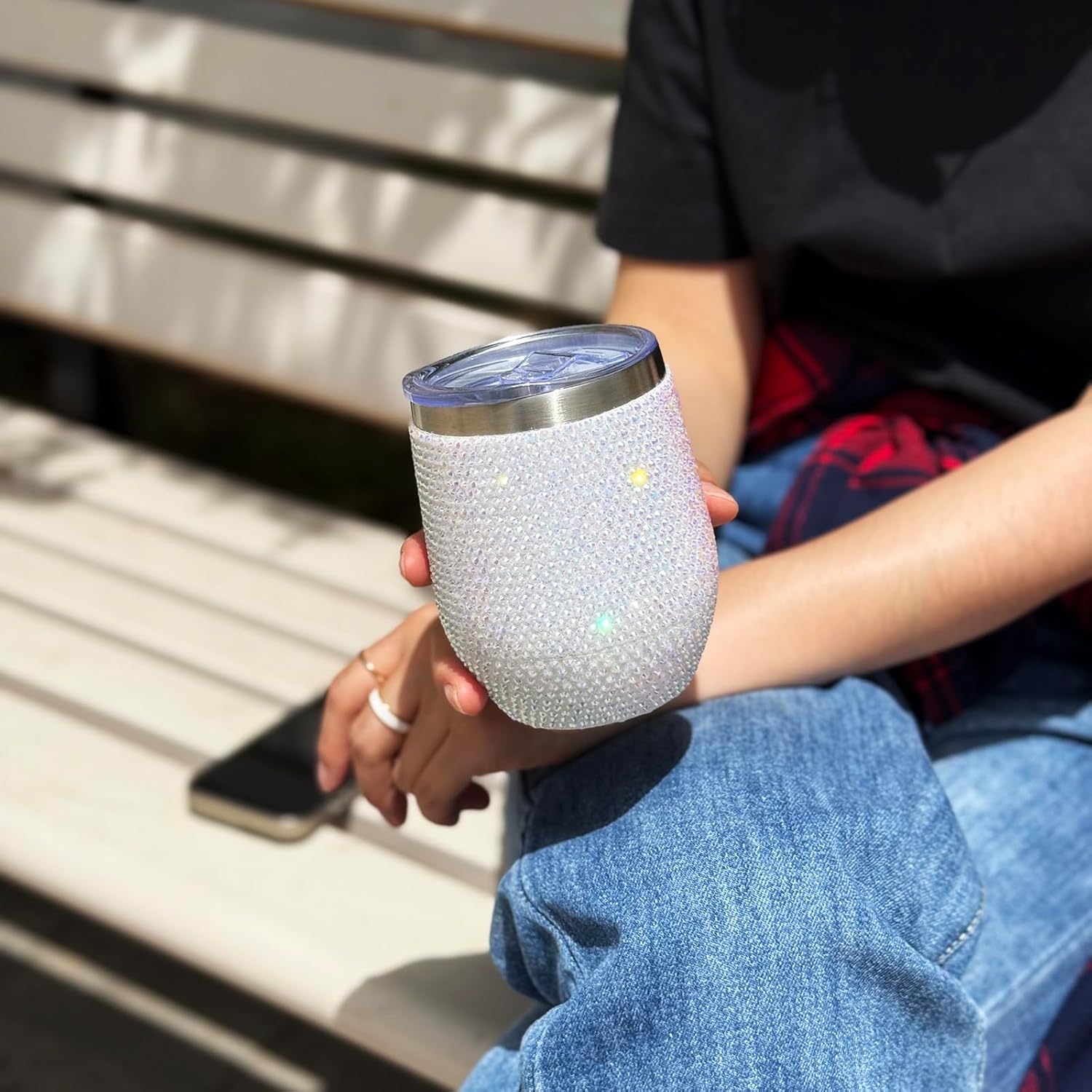 12 oz Bling Wine Tumbler with Lid Rhinestone Insulated Wine Glass Tumbler Double-Wall Vacuum Stainless Steel Coffee Mug Sparkly Travel Cup for Beer Champaign Cocktail (Pearl)