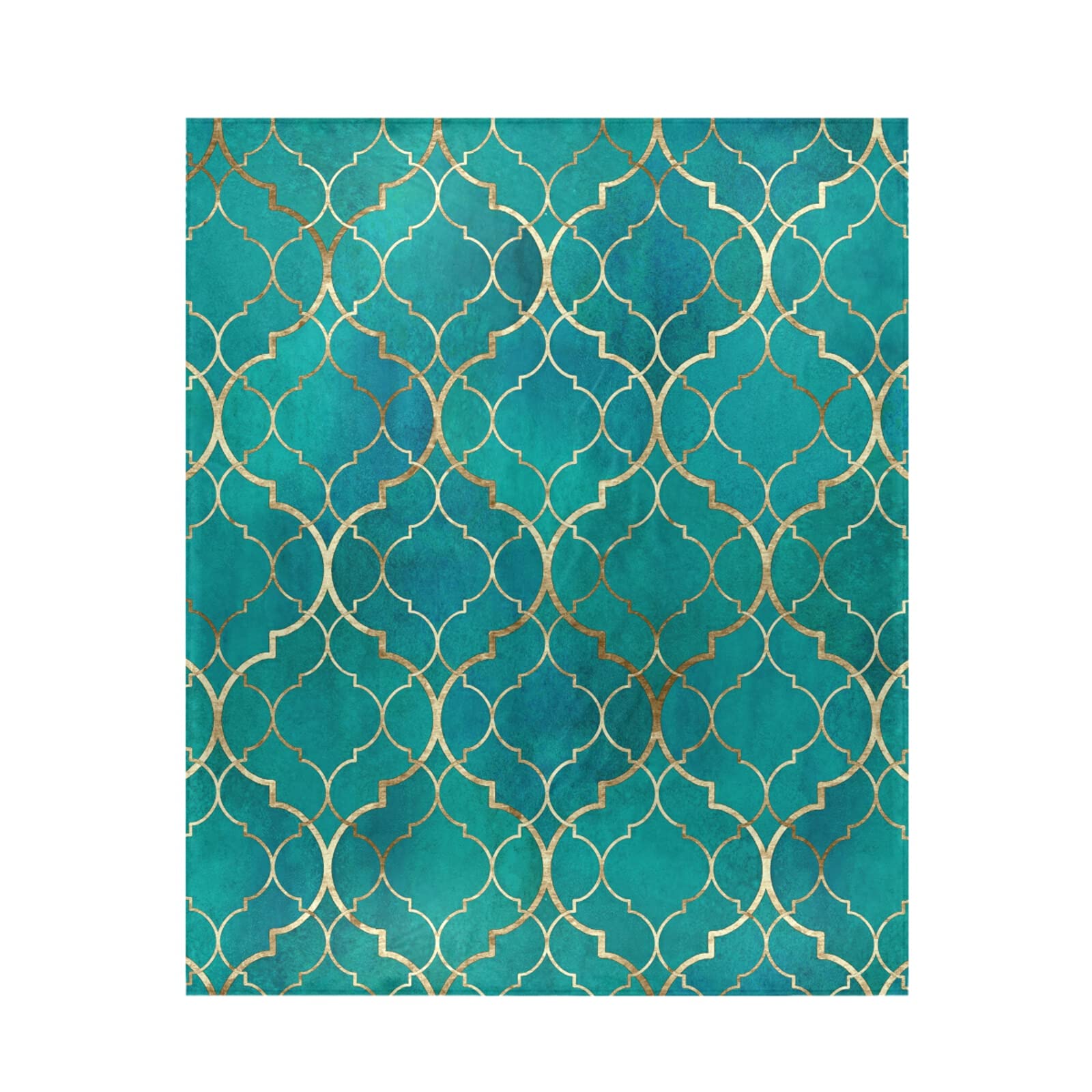 Poeticcity Multi 6 Seamless Green Teal Moroccan Tiles With Golden Gold Geometric 1Pc Blanket, Lightweight Plush Throws Siesta 50X60 Inches Super-Soft Fluffy Warm Cozy Travel Crystal Velvet Carpet For Bed Couch