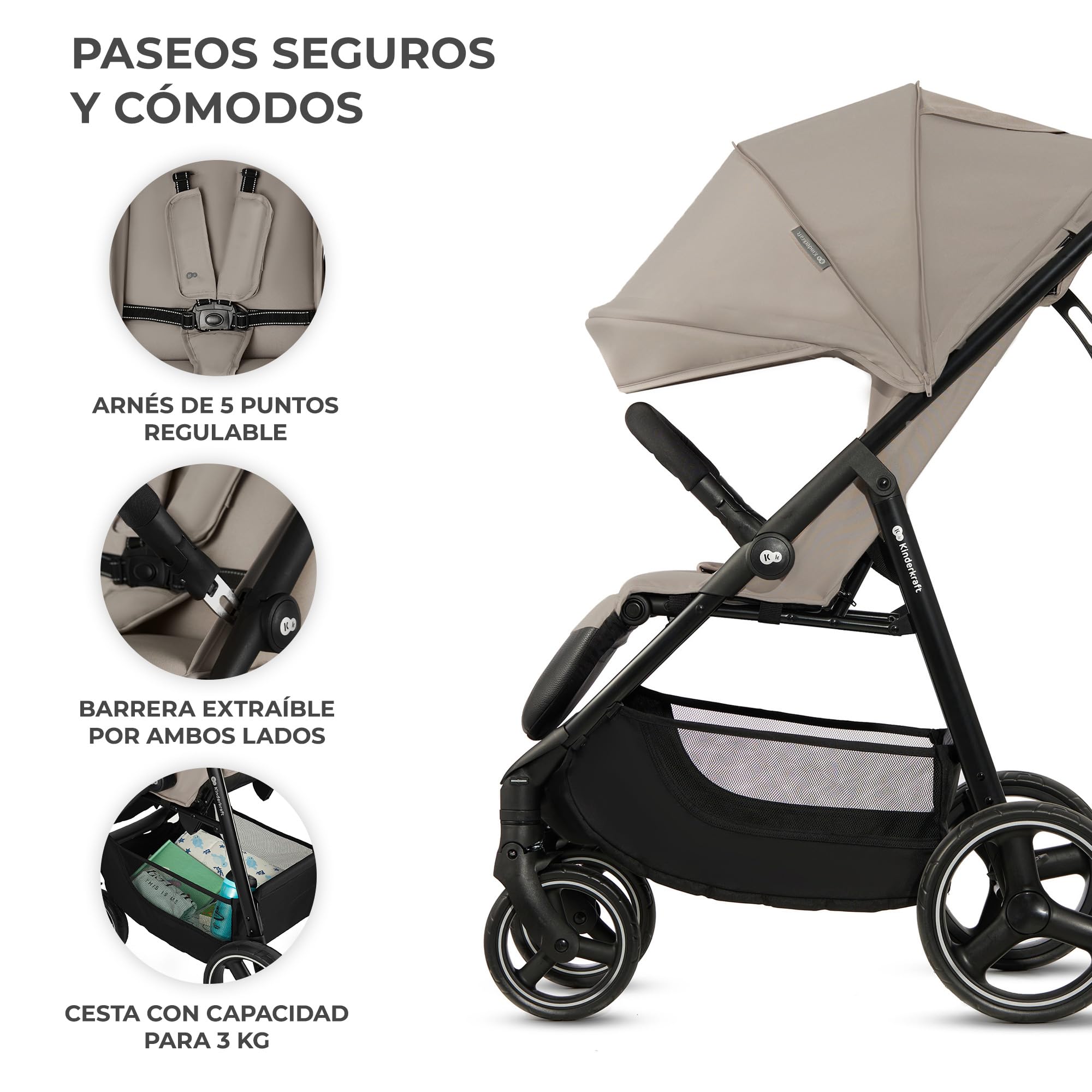Kinderkraft TRIG 3, Silla de Paseo, Ligera y manejable, Suspensión, Cinturón de 5 puntos, Reposapiés, Ajustable, Carga máxima de 25 kg, Beige