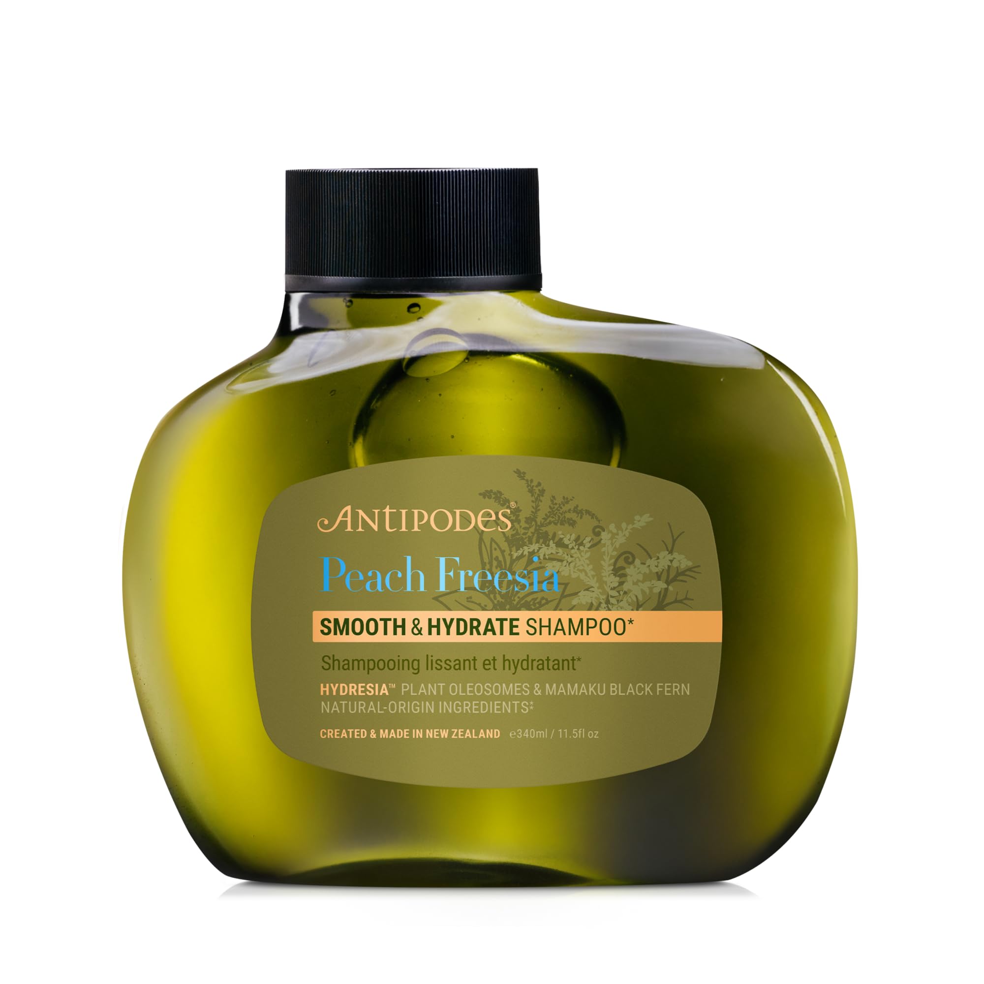 Antipodes Peach Freesia Smooth & Hydrate Shampoo | Natural Silicone-Free Shampoo with Hydresia Oleosomes, Plant Hyaluronic Acid & Mamaku Black Fern | For Frizz-Prone or Dry Hair | 340ml