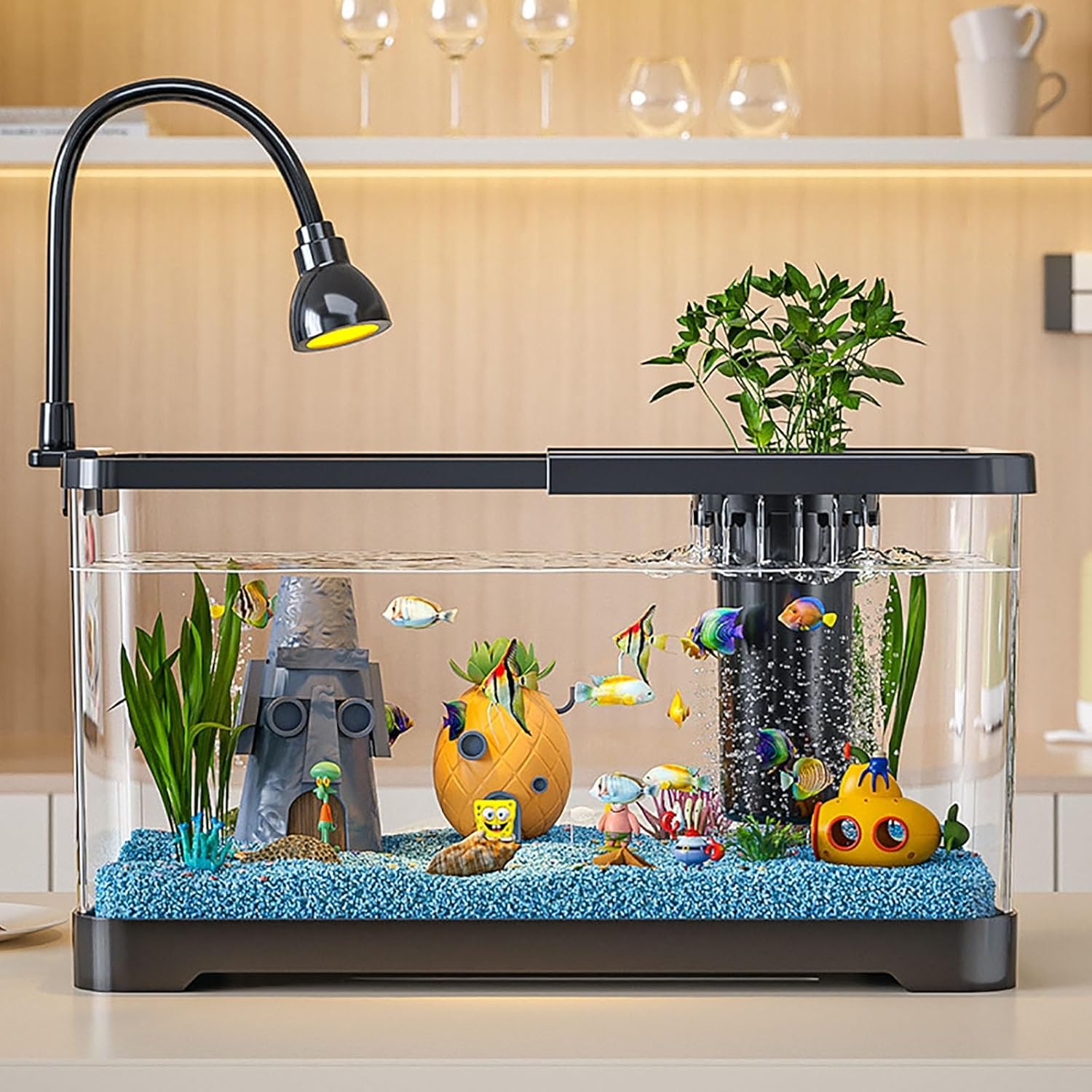 Betta Fish Tank, Fish Tank with Filter and Light, Desktop Room Decor W/LED Light, 360 View for Small Fish, Kids Room & Home Decor(S)