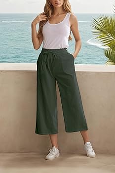 LNX Womens Linen Capri Pants Wide Leg High Waisted Drawstring