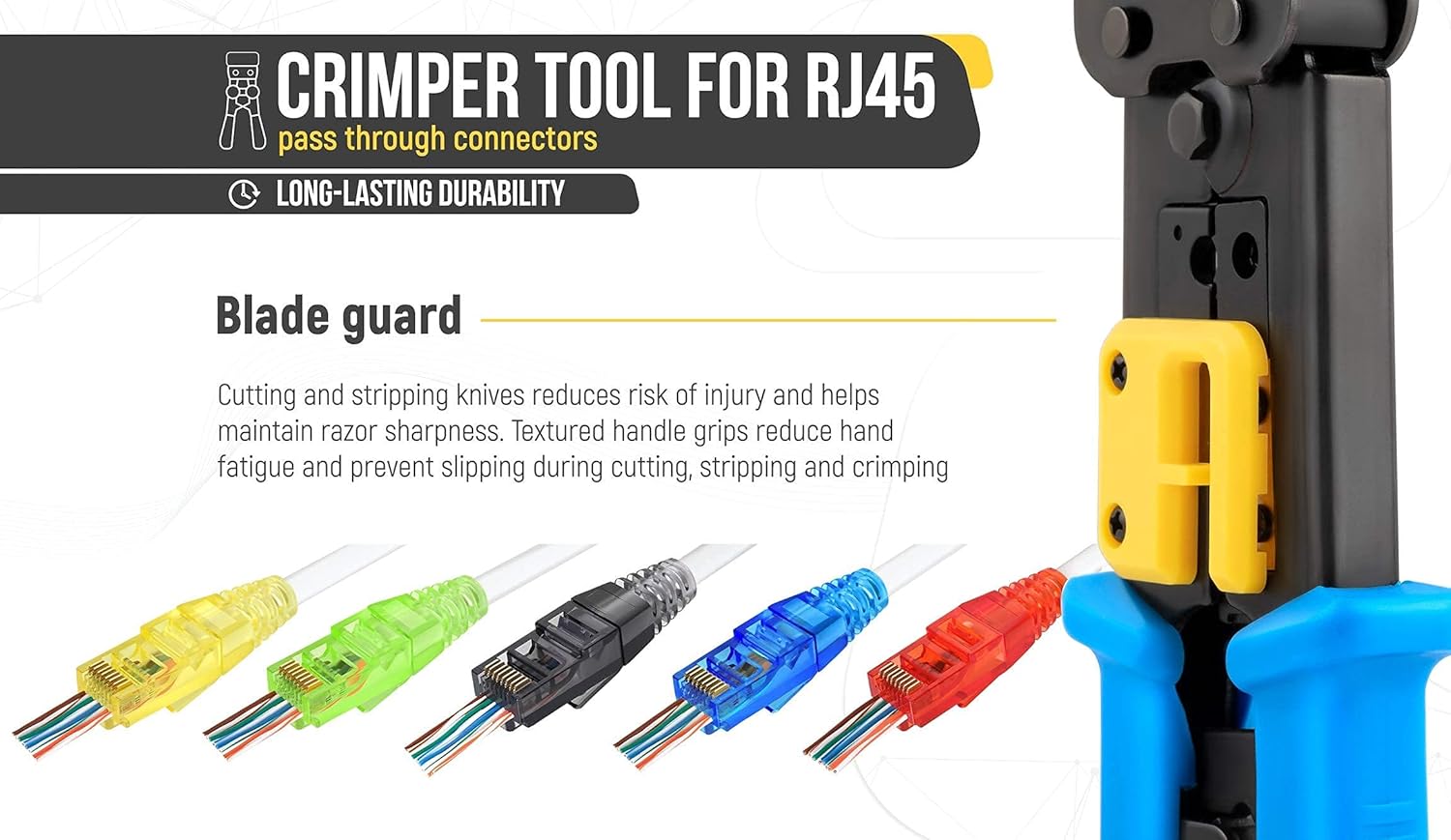 Bundle – 2 items: RJ45 Crimp Tool + 50/50 Pack of Cat6 Pass Through Connectors and Strain Relief Boots, Assorted Colors