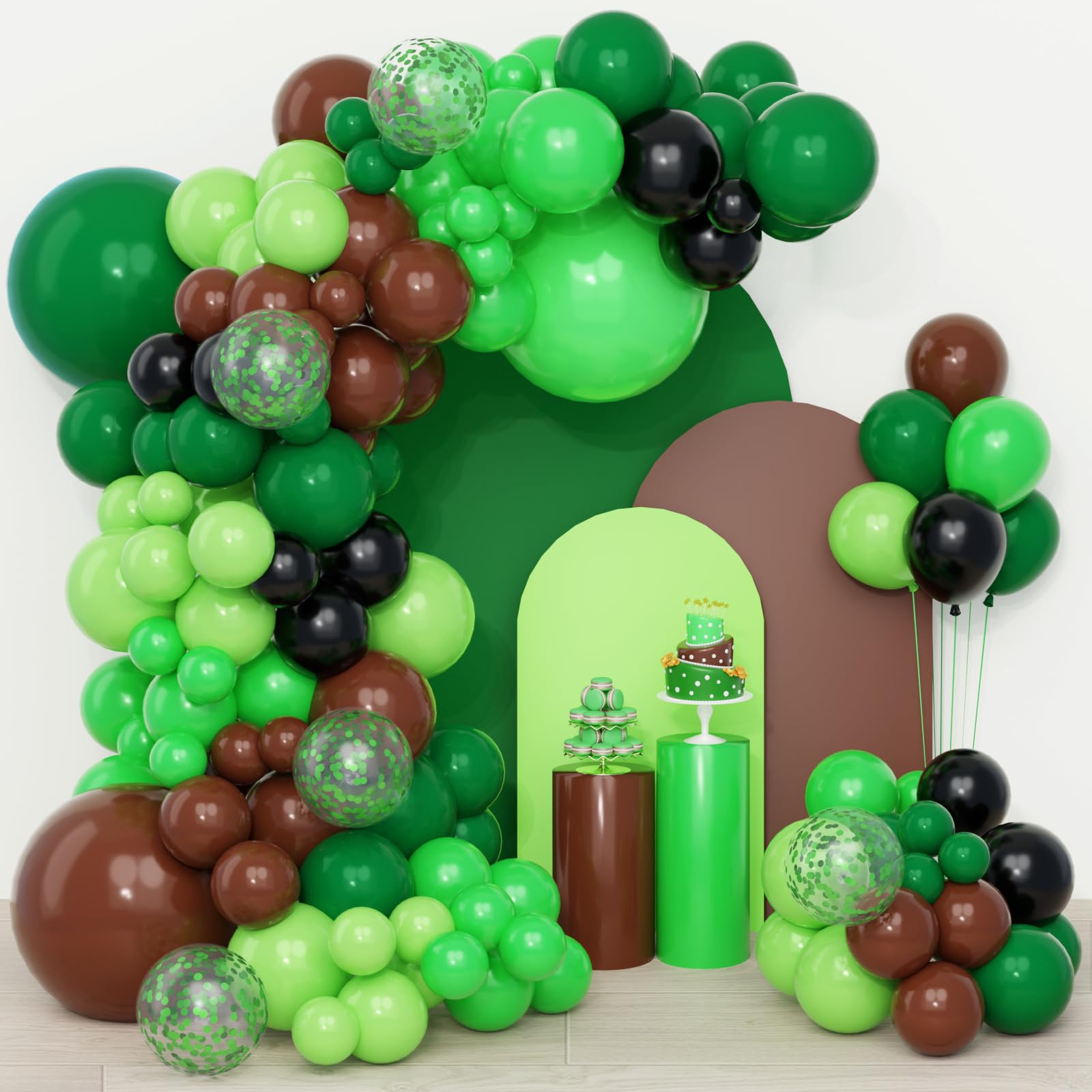 QIFU Pixel Green Brown Balloon Arch Kit-108 Pcs Black Coffee Dark Green Brown Balloons,Latex Helium Balloon,Birthday Balloons For Men Boys Safari Camo Hunting Woodland Jungle Dinosaur Game Theme Party