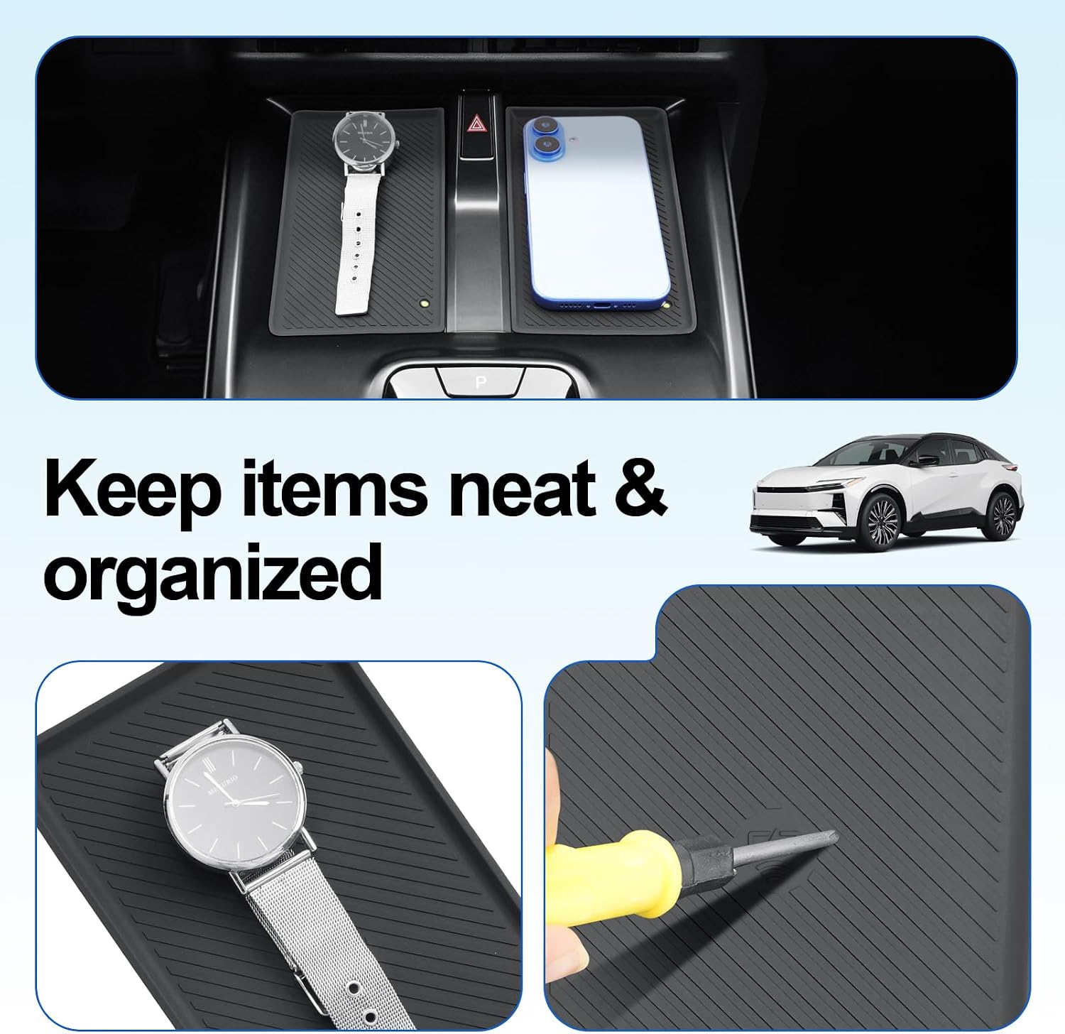 SHAOHAO 3 PCS for 2026 2027 Toyota C-HR Wireless Charging Mat & Cup Holder Organizer for 2026 2027 Toyota C-HR/bZ/bZ Woodland/Subaru Solterra Accessories CHR Wireless Charging Mat Drink Holder Insert