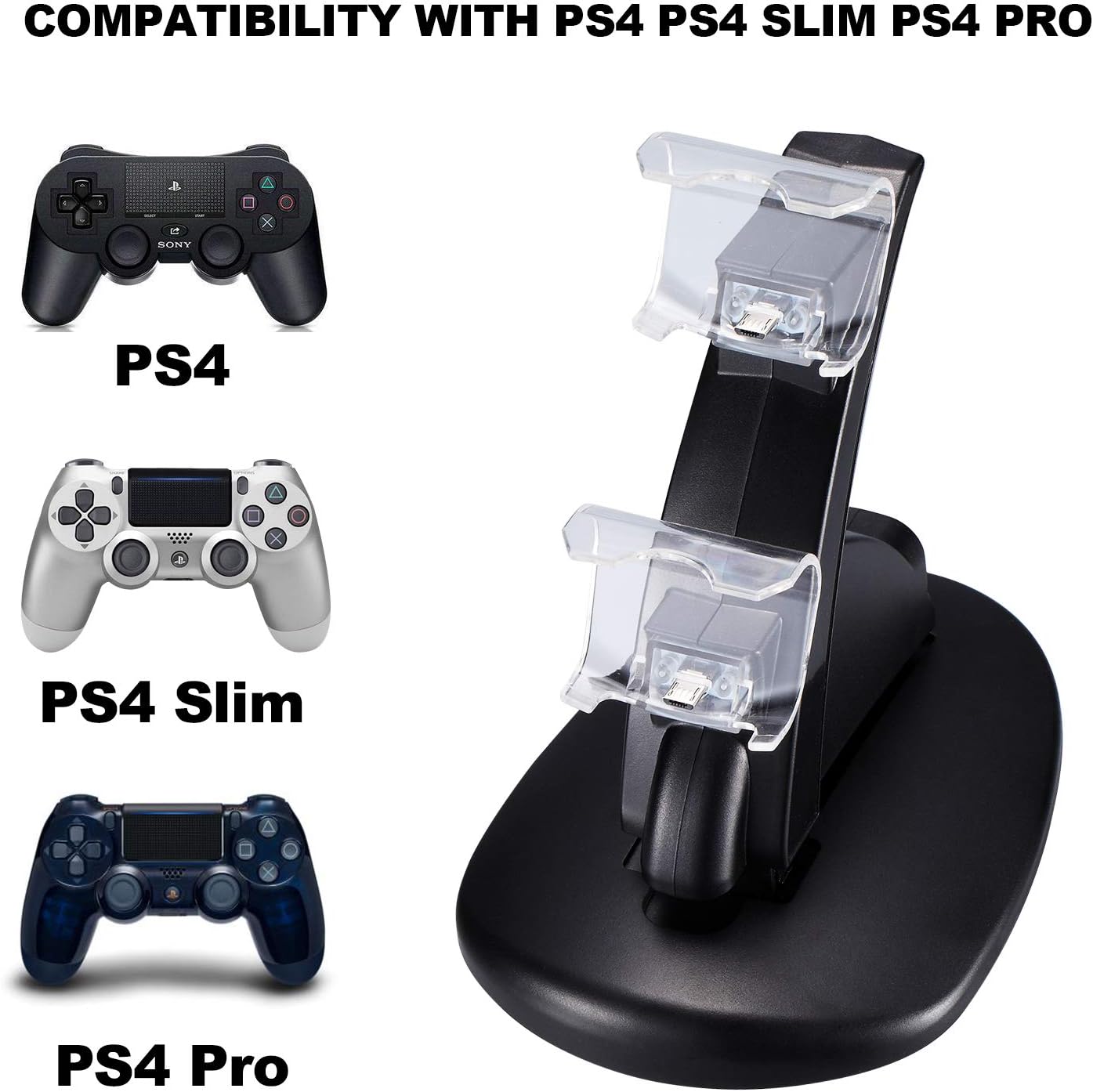 2 Pack PS4 Controller Charger, Playstation 4 / PS4 / PS4 Pro / PS4 Slim Controller Charging Dock Stand Stations with Dual Micro USB Fast Charging & LED Indicator (Black & White)