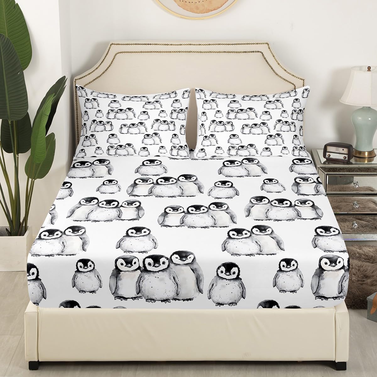 Penguin Bedding Set Queen Size for Kids Boys Girls Antarctic Animal Sheet Set Cartoon Style Penguin Illustration Fitted Sheet for Children Teens Adult Grey White and Black Bed Sheets(No Top Sheet)