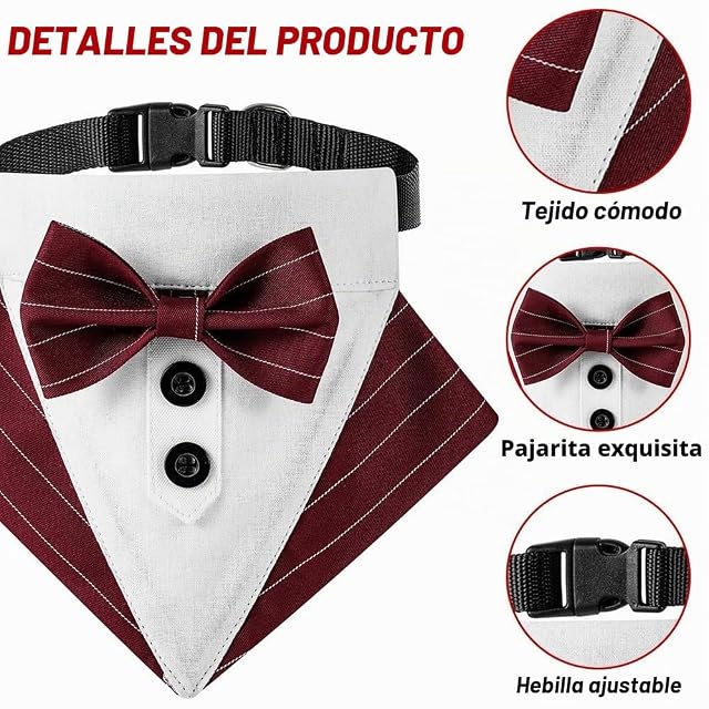 Foto 3 de 8 de Pañuelo para perro, collar de esmoquin formal ajustable con pajarita para perro y aseo de boda
