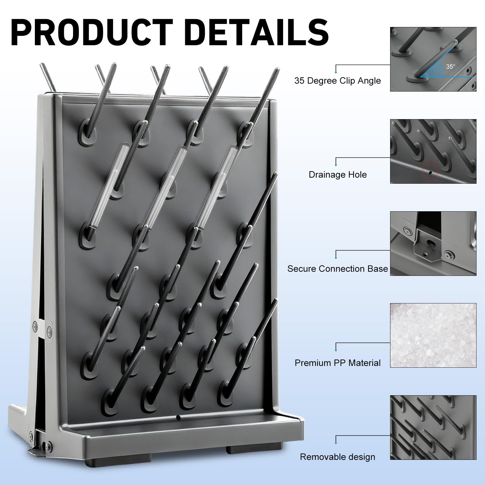 Pushglossy 1 estante de secado de laboratorio de doble cara, 54 clavijas, para montaje en pared, cristalería de laboratorio, tubo de ensayo, equipo de limpieza, desmontable