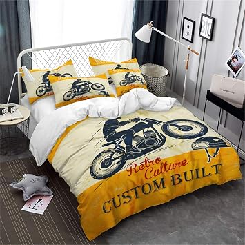 Punk Motorcycle Racer Duvet Cover Set Full Size,3Pcs Boys Motocross Racing Bedding Extreme Sports Quilt Cover