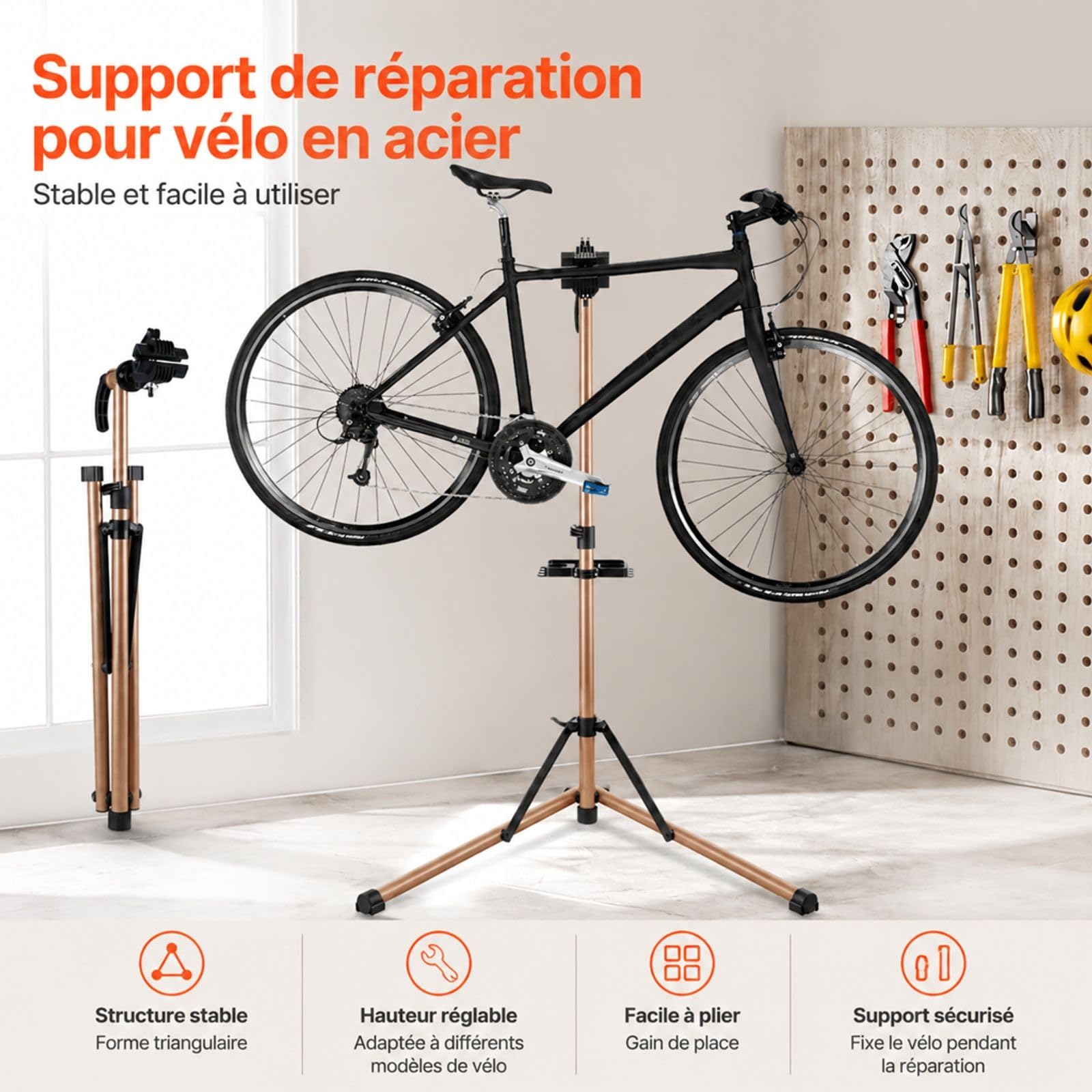 Pied d’atelier pour vélo avec support de réparation réglable et plateau à outils pour entretien de vélo