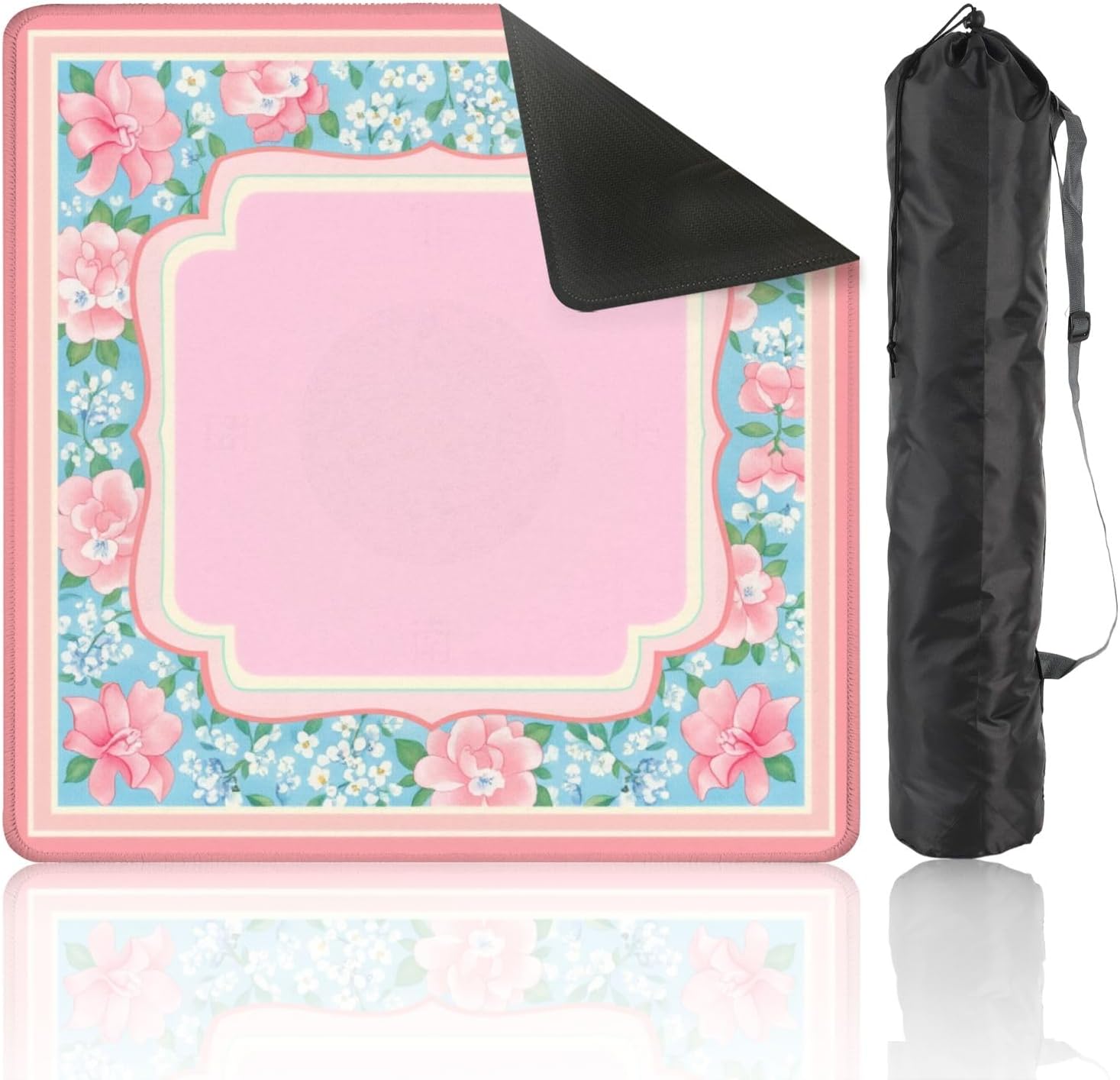 Mahjong Mat with Carrying Bag 31.5" x 31.5" Non-Slip Noise Reduction Pink Blue Floral Frame Elegant Border Flowers Table Mat for Mahjong Poker Dominoes Card Board Tile Games