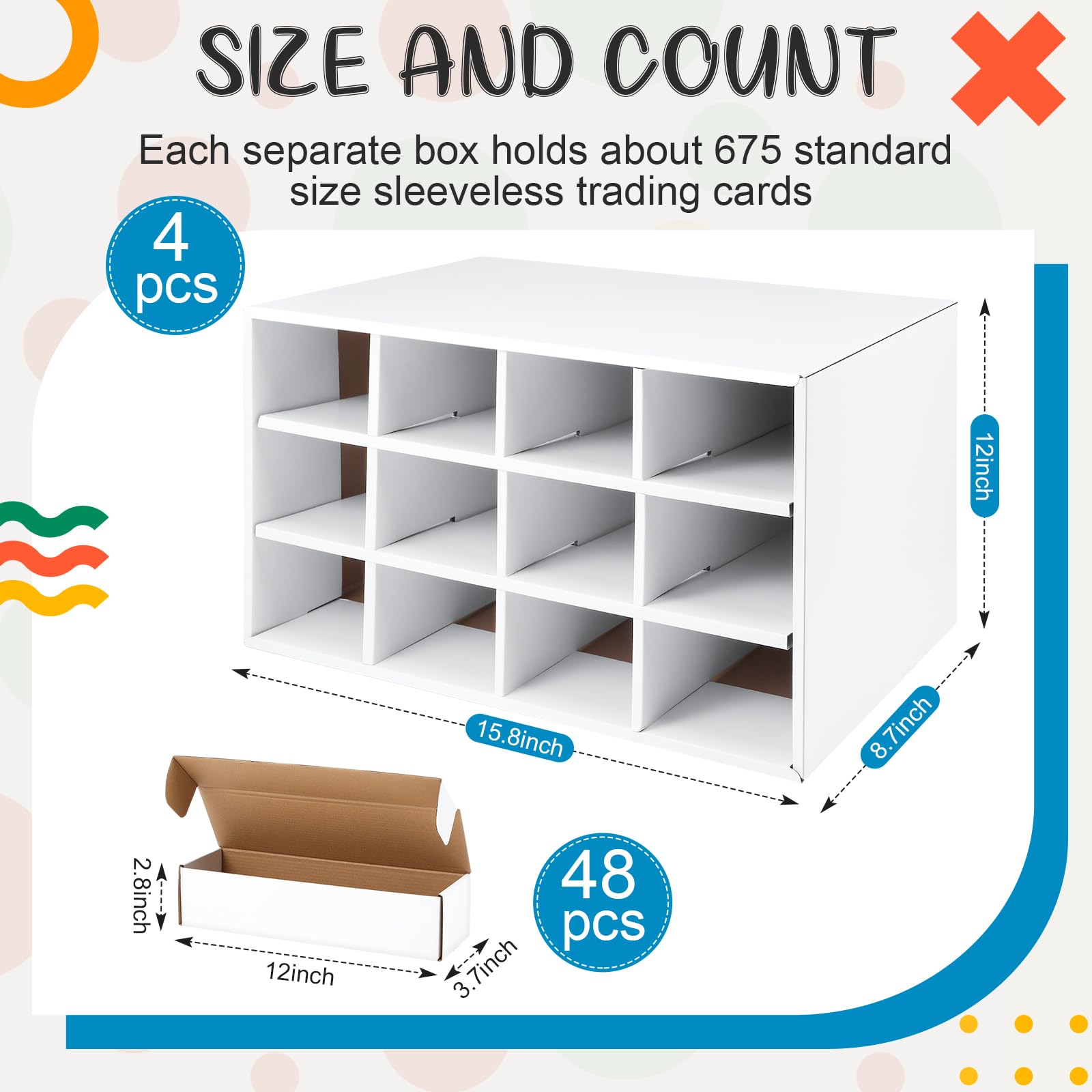 ReliThick 48 Pcs 32000+ Count Trading Card Storage Box Corrugated Cardboard Baseball Card Organizer Sports Gaming Card Case Compatible with MTG TCG Magic Display Cases with Labels, white