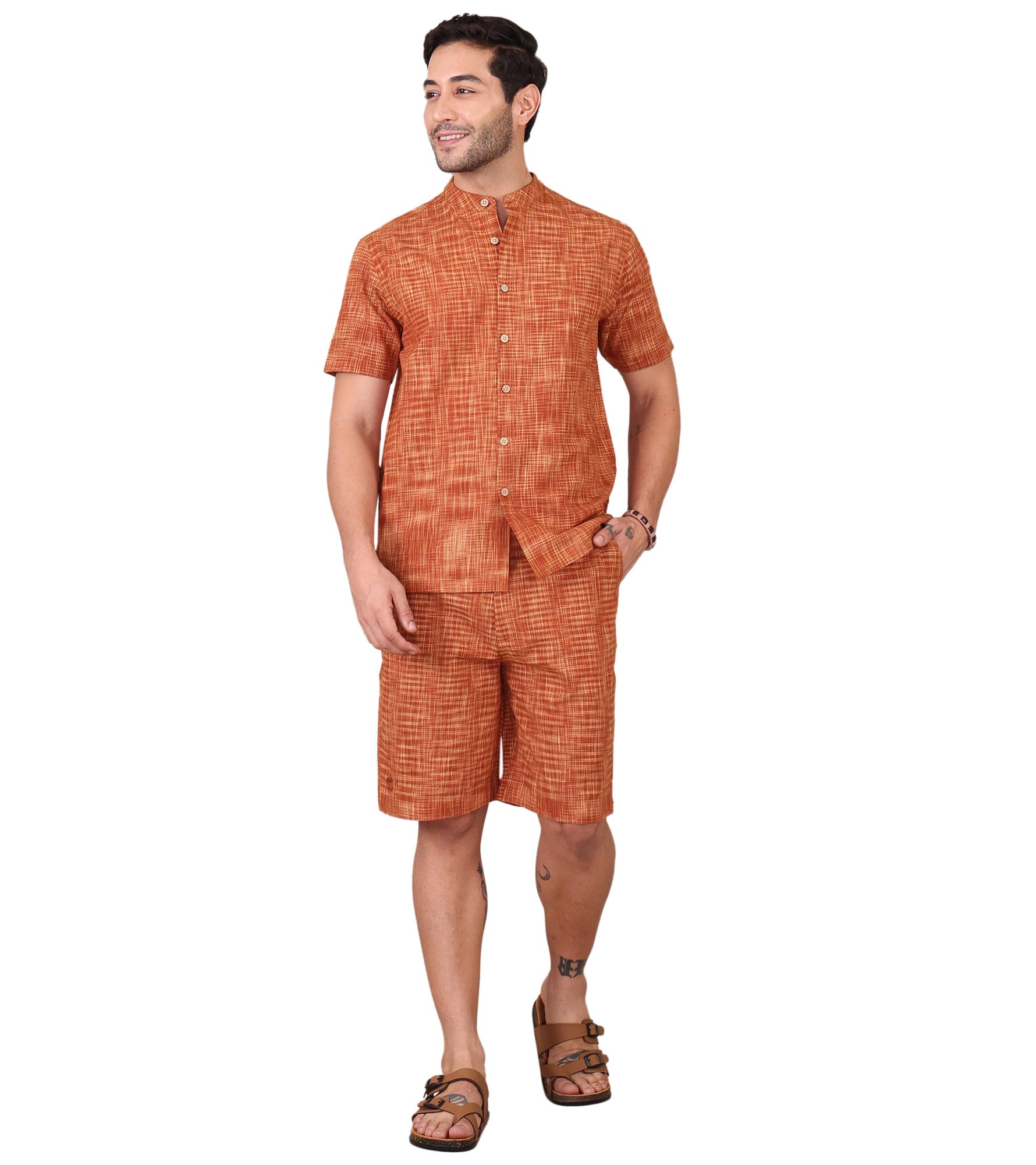 Men's Pure Cotton Khadi Co-Ord Set | 2-Piece Shorts & Shirt Combo | Vacation & Causal Wear (Tan Brown)-image-32