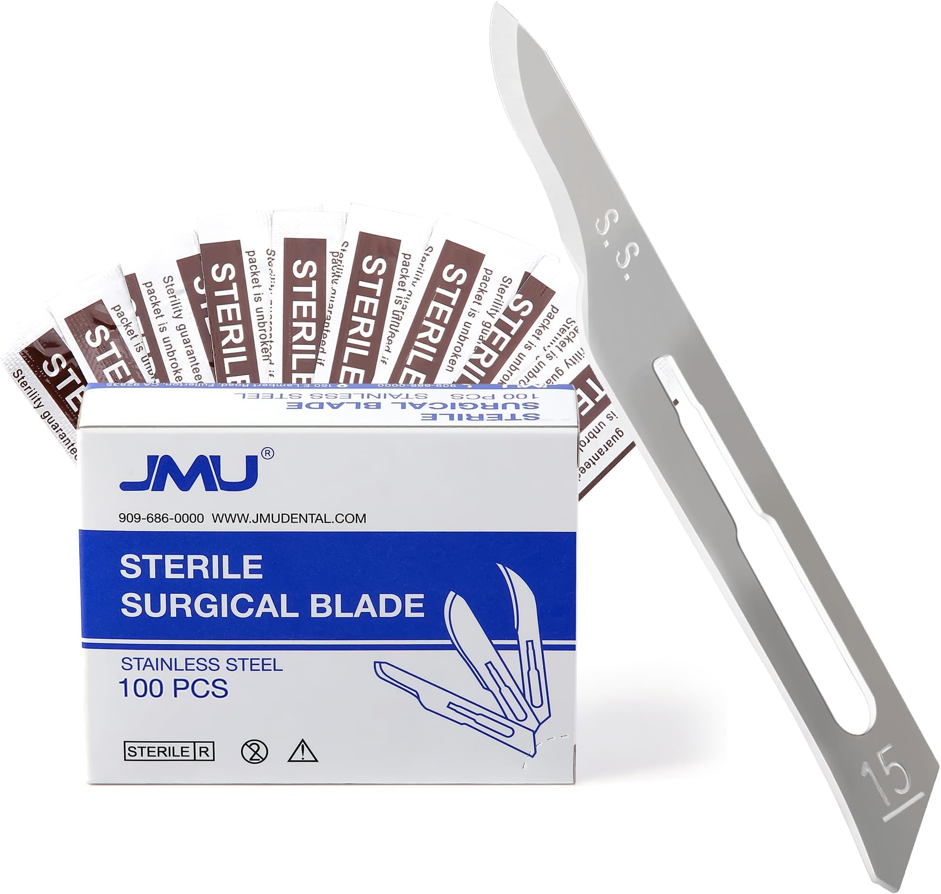 JMU 100pcs Disposable Surgical Scalpel Blades #15 Stainless Steel Sterile Blades, Individually Foil Wrapped