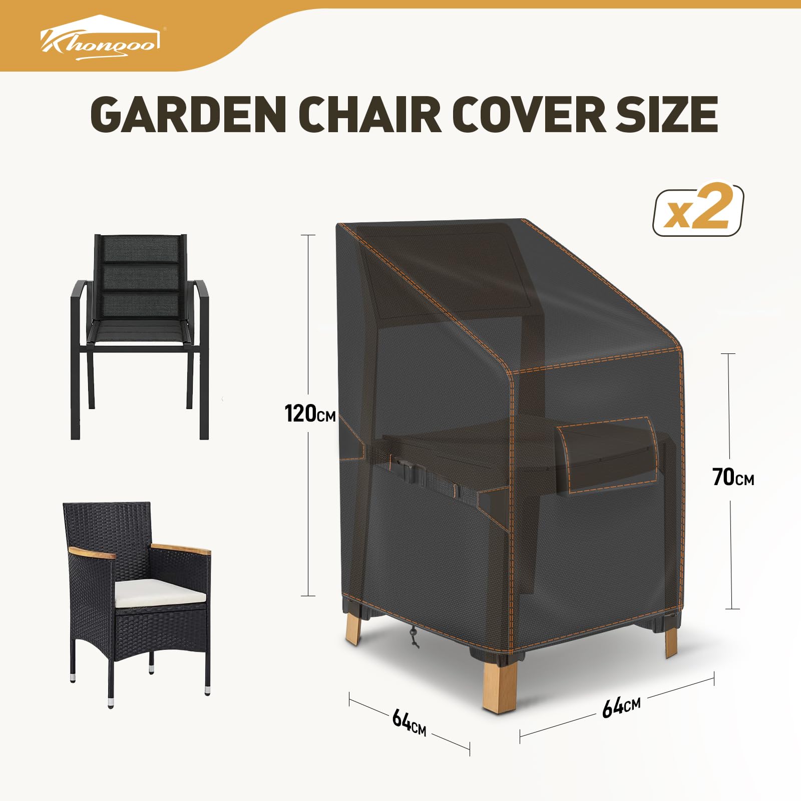 Lot de 2 Housses de Protection Imperméable pour Chaises de Jardin Empilables, 64x64x70/120 cm en Tissu Oxford 420D, Anti-UV Chaise Jardin Extérieur avec Aération, Housse Anti-Vent pour Balcon, Noir