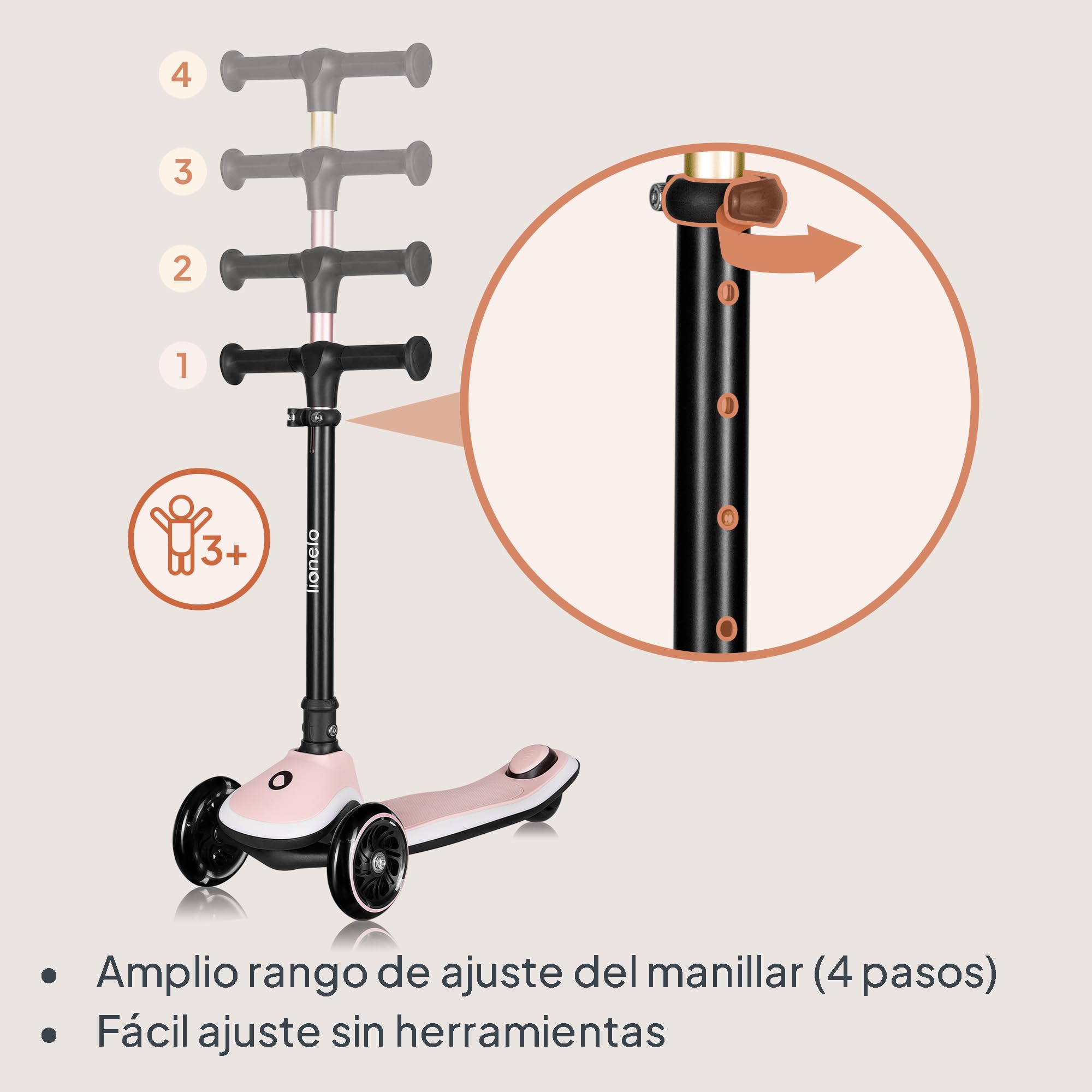 LIONELO MEY Patinete de Equilibrio para Niños Desde 3 años hasta 50 kg, Scooter Infantil Patinete de 3 Ruedas con Ajuste de Altura, Plataforma Antideslizante Iluminada y Ruedas LED, Cesta