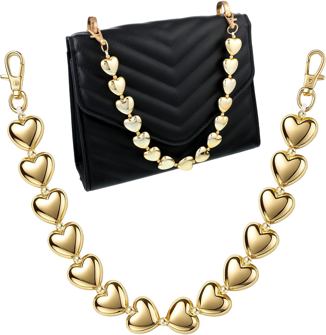 Thinp Purse Chains for Handbags, Chain Handbag Straps Heart Purse Chain Charms Metal Shoulder Crossbody Bags Charm Chains Short Handle Bag Accessories for Women DIY Decoration(Gold)