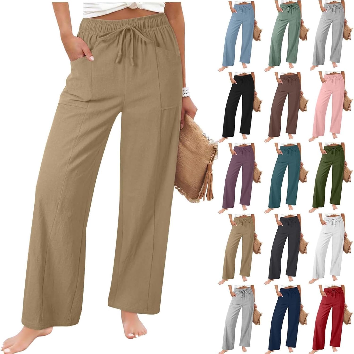 YRAETENM Womens Linen Wide Leg Pants Elastic High Waist Flowy Palazzo Trousers Casual Summer Beach Travel Pants with Pockets
